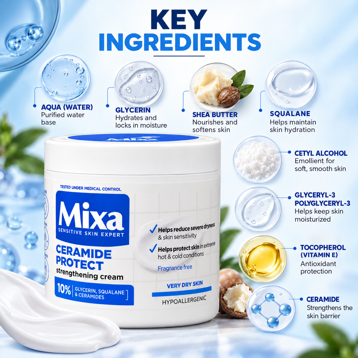 Mixa Ceramide Protect Strengthening Cream body moisturizer for very dry skin, with glycerin, squalane and ceramides for barrier support