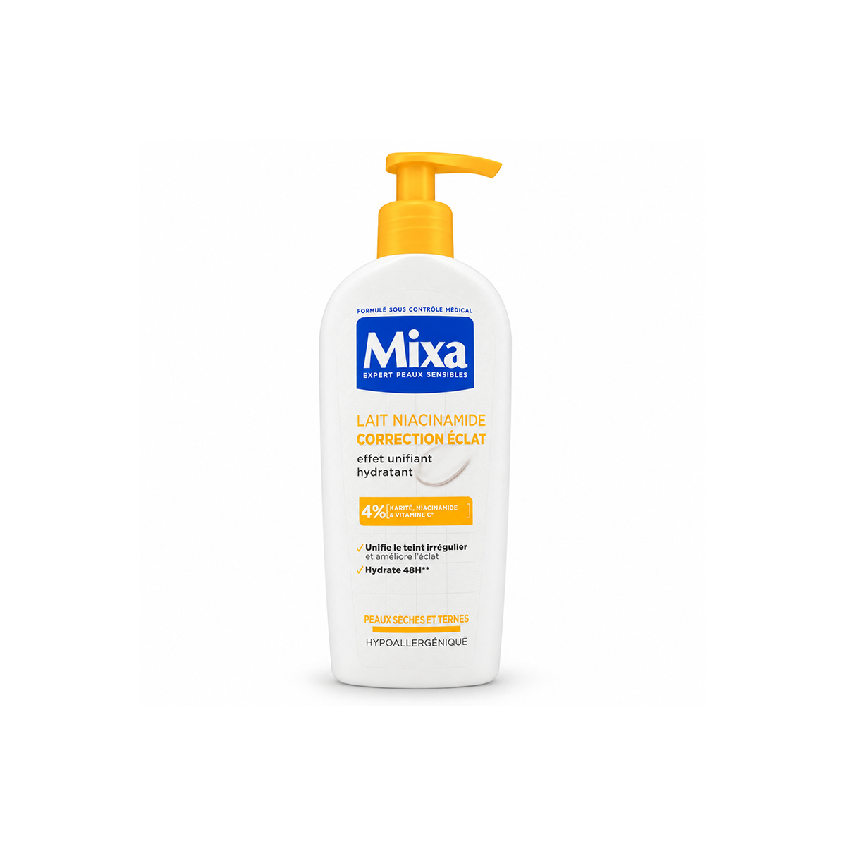Mixa Lait Niacinamide Correction Éclat body lotion for dry, dull skin with 48-hour hydration and radiance care