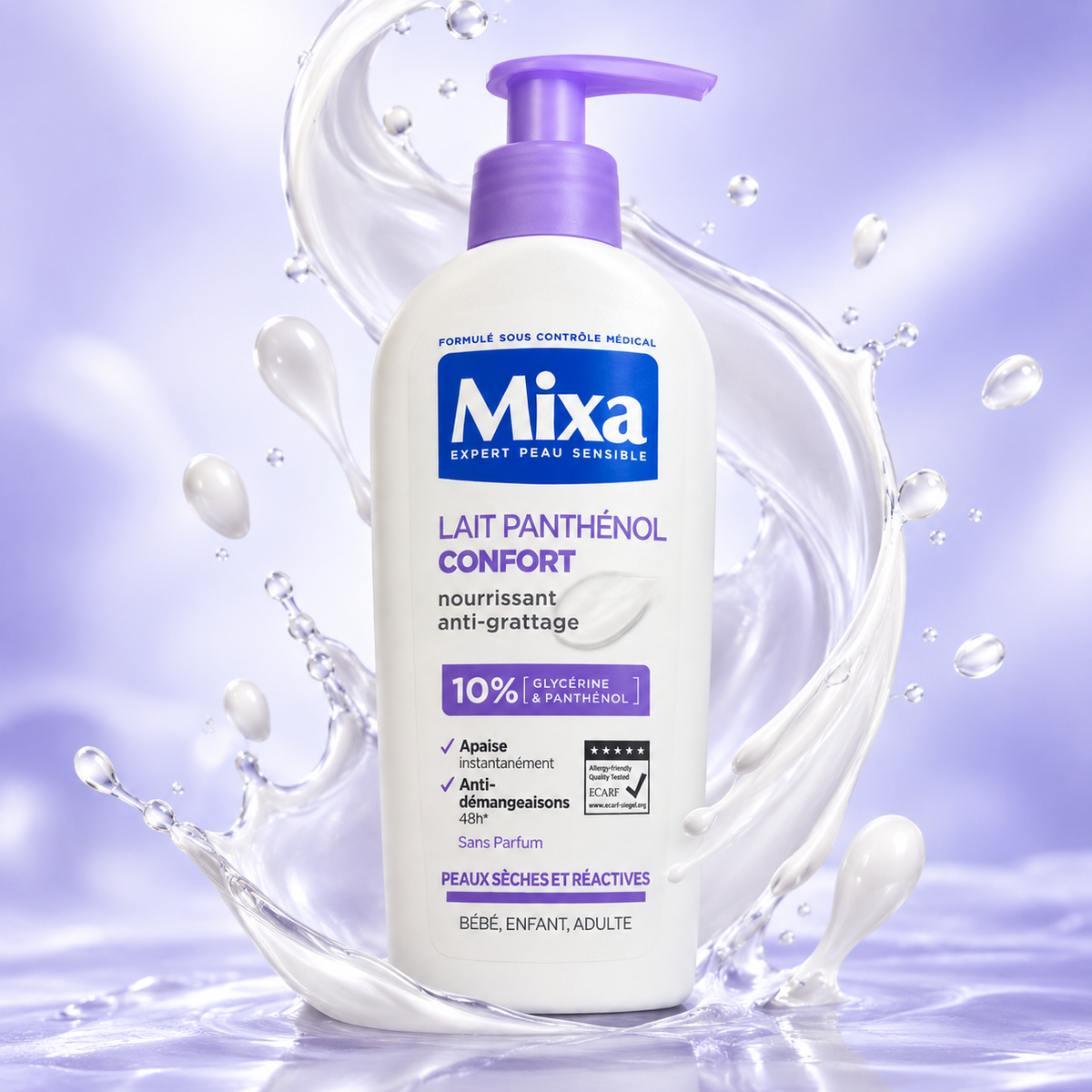 Mixa Lait Panthénol Confort Nourishing Anti-Itch Body Lotion for dry reactive skin, fragrance-free sensitive skin care