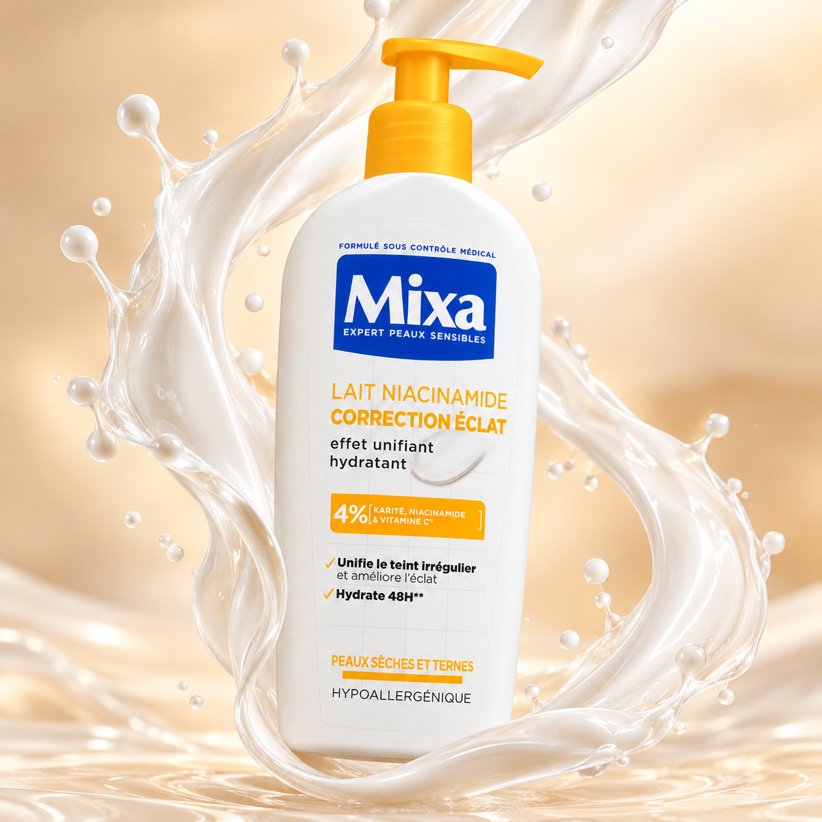 Mixa Lait Niacinamide Correction Éclat body lotion for dry, dull skin with 48-hour hydration and radiance care