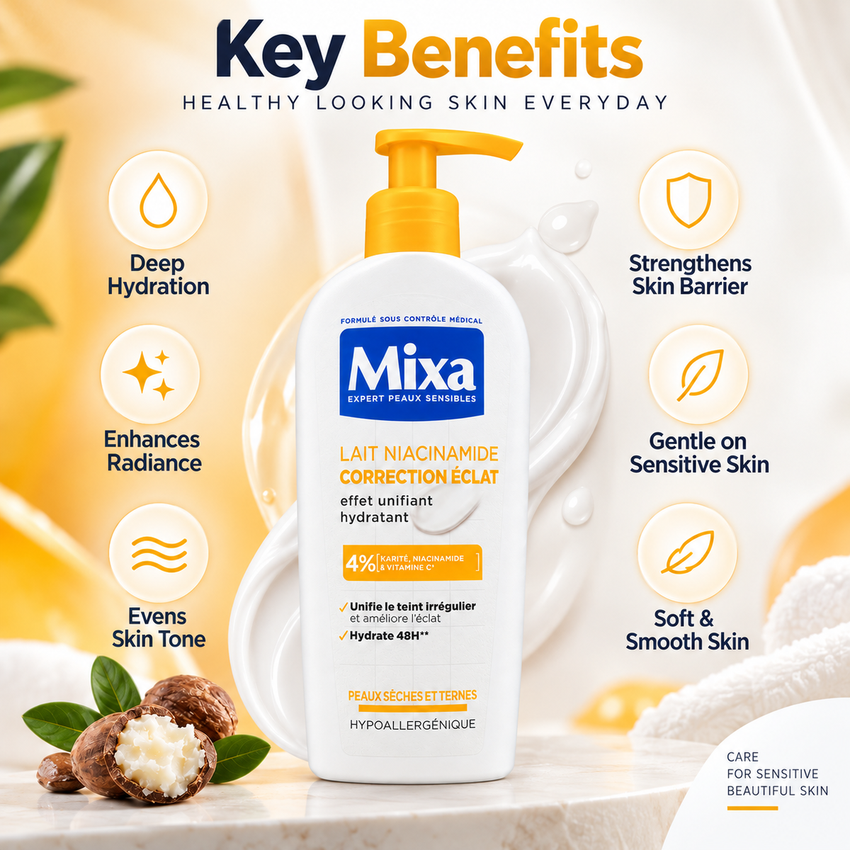 Mixa Lait Niacinamide Correction Éclat body lotion for dry, dull skin with 48-hour hydration and radiance care