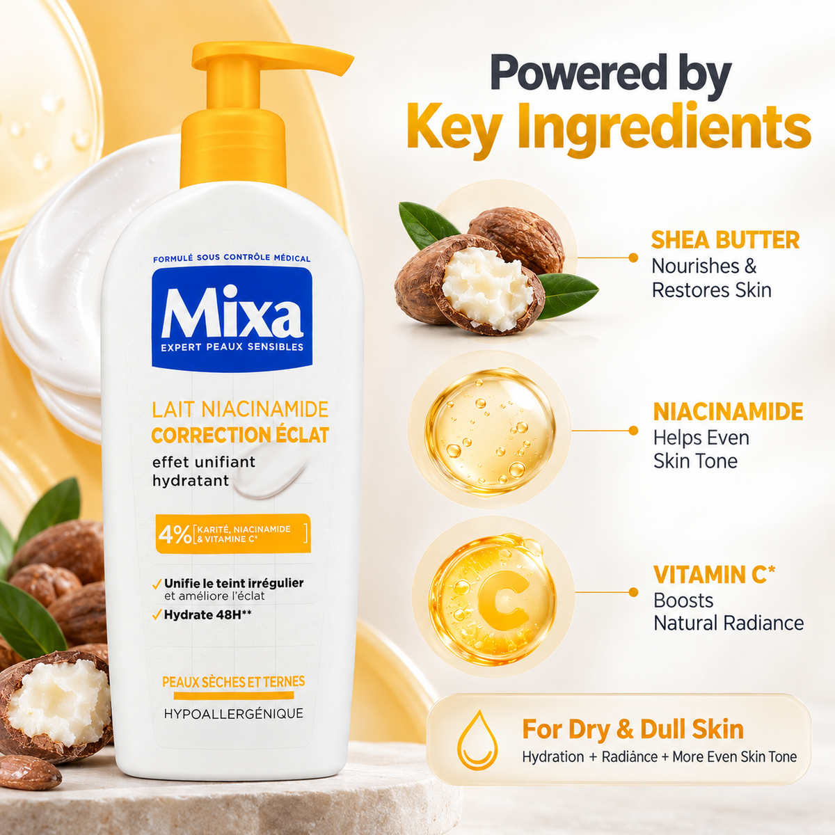 Mixa Lait Niacinamide Correction Éclat body lotion for dry, dull skin with 48-hour hydration and radiance care