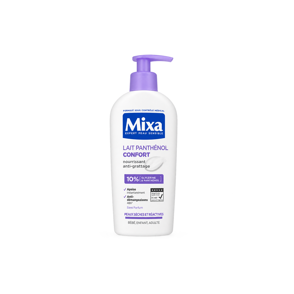 Mixa Lait Panthénol Confort Nourishing Anti-Itch Body Lotion for dry reactive skin, fragrance-free sensitive skin care