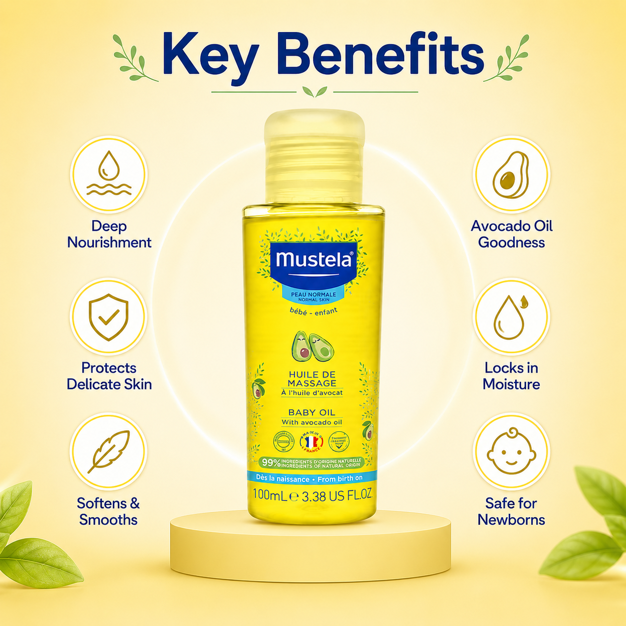 Mustela Baby Massage Oil With Avocado Oil 100ml for dry and sensitive baby skin with lightweight nourishing care.