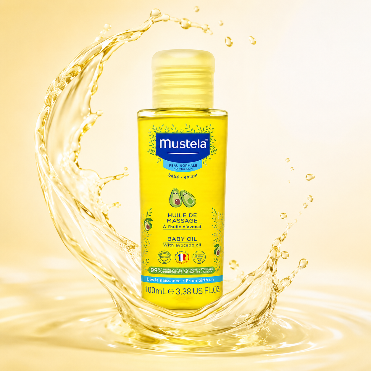 Mustela Baby Massage Oil With Avocado Oil 100ml for dry and sensitive baby skin with lightweight nourishing care.