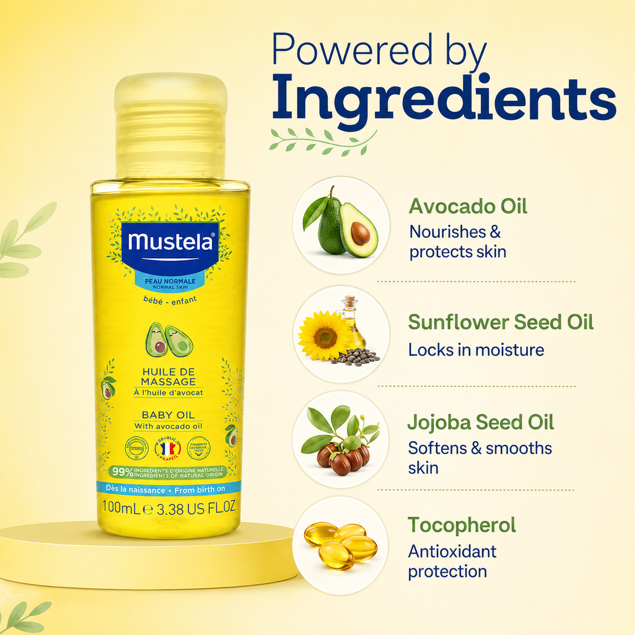 Mustela Baby Massage Oil With Avocado Oil 100ml for dry and sensitive baby skin with lightweight nourishing care.