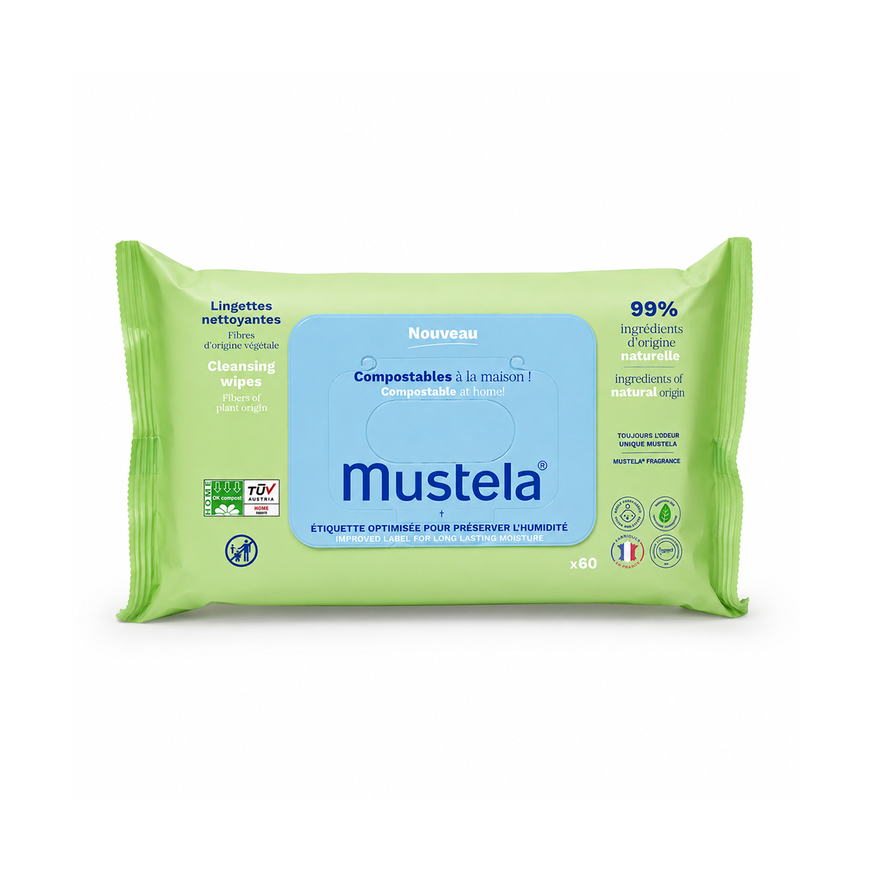 Mustela Compostable Baby Cleansing Wipes 60 Wipes for sensitive skin with plant-based fibers and gentle daily cleansing