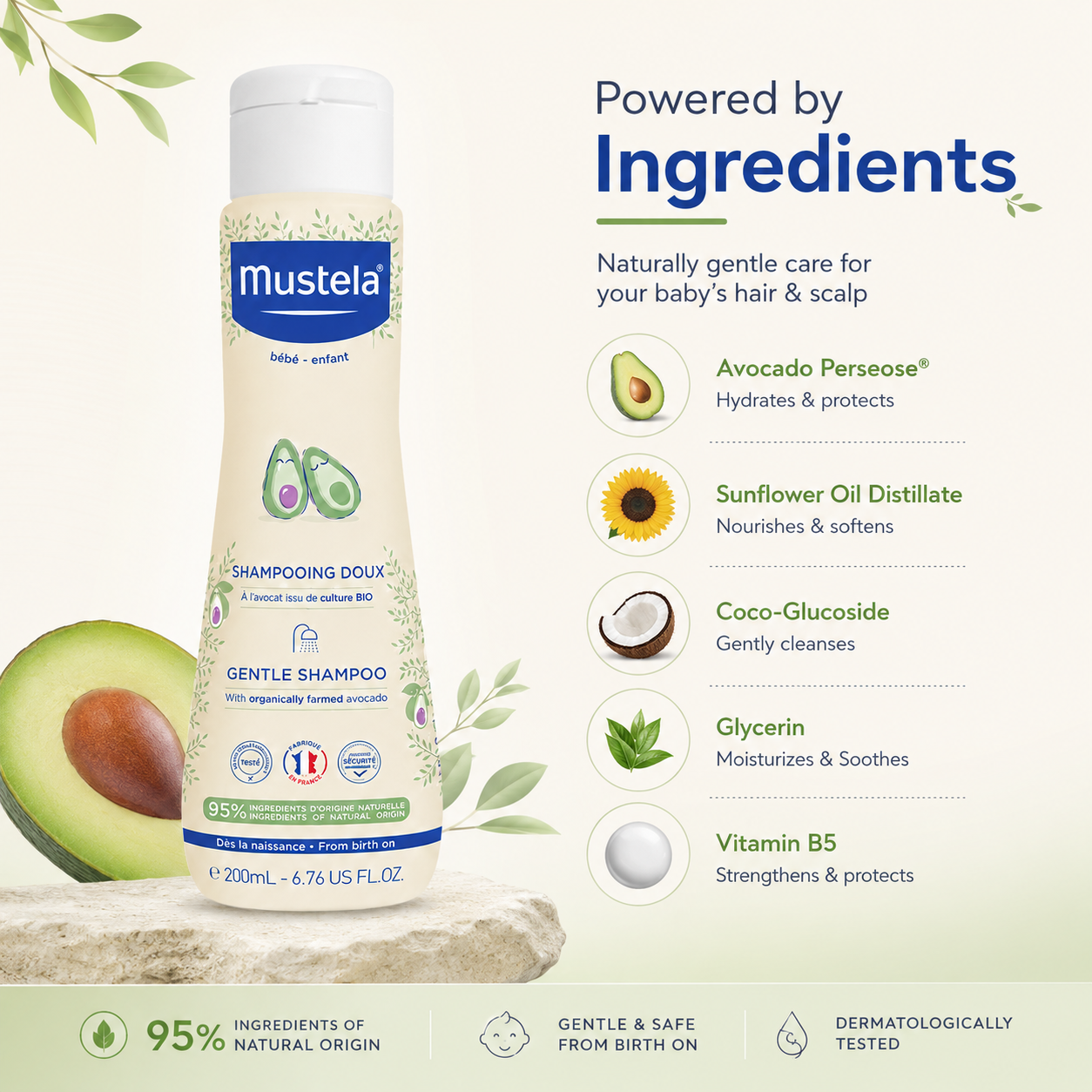 Mustela Gentle Shampoo 200ml baby shampoo for sensitive scalp and delicate baby hair with organically farmed avocado formula