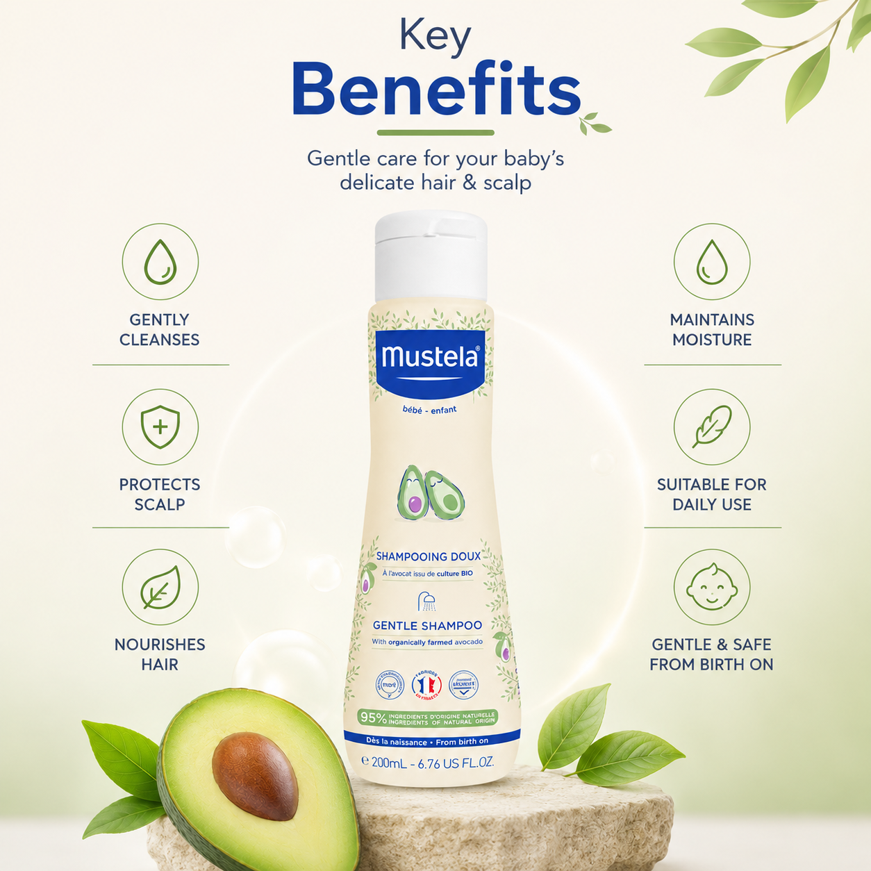 Mustela Gentle Shampoo 200ml baby shampoo for sensitive scalp and delicate baby hair with organically farmed avocado formula