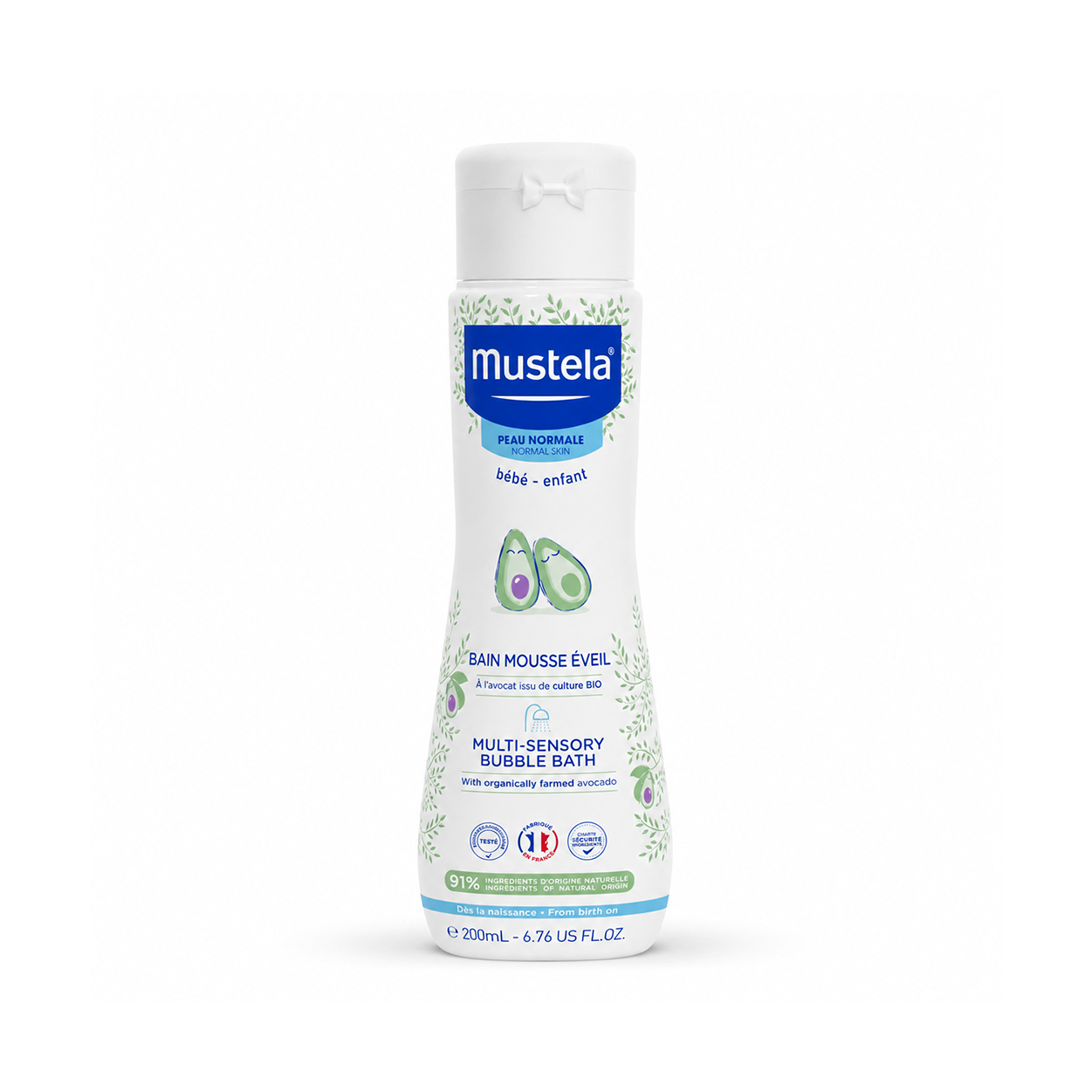 Mustela Multi-Sensory Bubble Bath 200ml baby bubble bath with organic avocado for gentle cleansing and soft baby skin