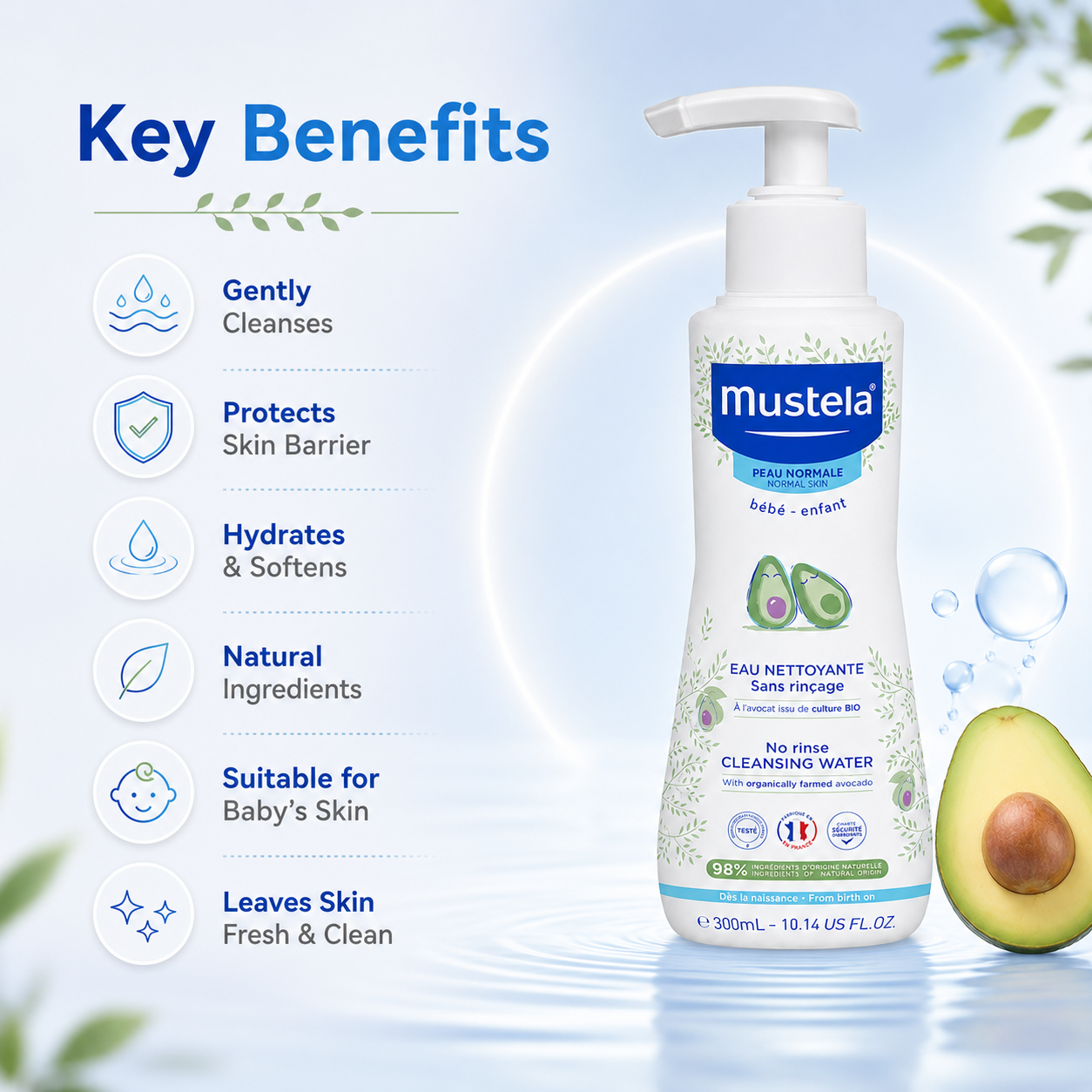 Mustela No Rinse Cleansing Water 300ml baby cleansing water for gentle daily cleansing and protecting delicate sensitive skin