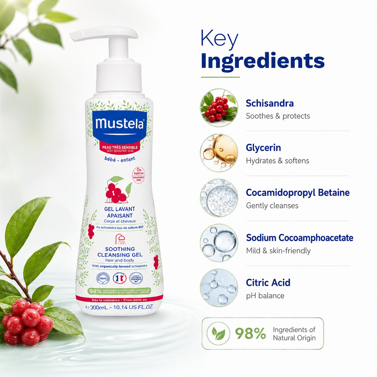 Mustela Soothing Cleansing Gel Hair and Body 300ml fragrance-free baby wash for very sensitive skin and daily gentle cleansing