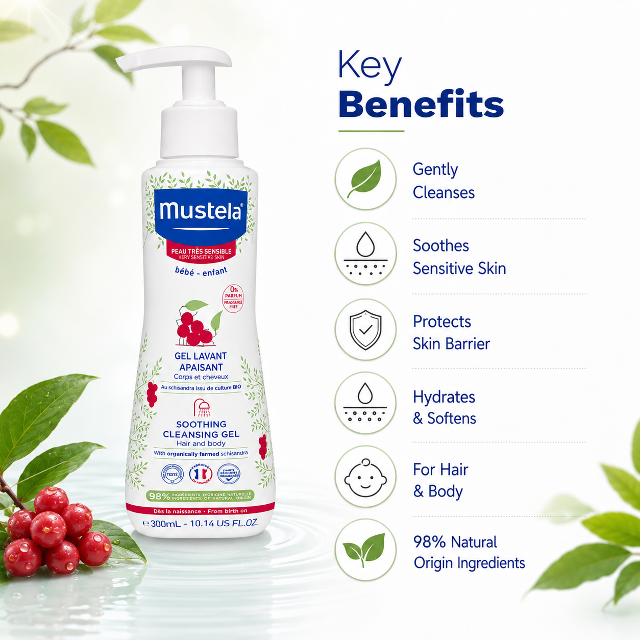 Mustela Soothing Cleansing Gel Hair and Body 300ml fragrance-free baby wash for very sensitive skin and daily gentle cleansing