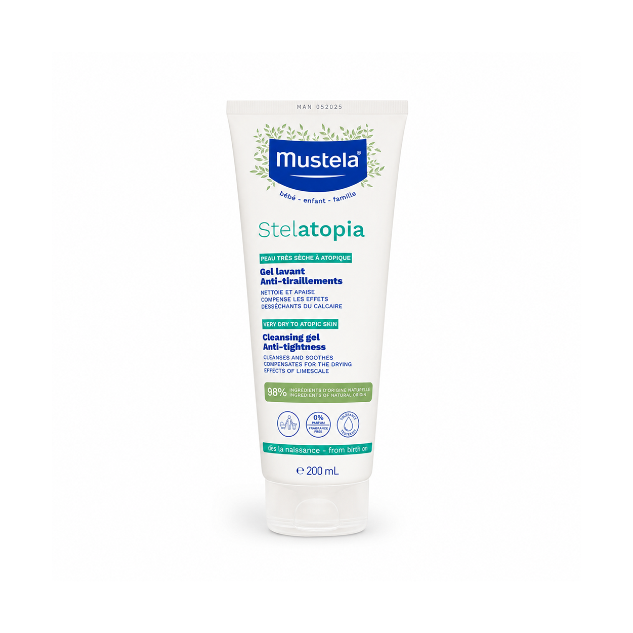 Mustela Stelatopia Cleansing Gel Anti-Tightness 200ml for very dry atopic skin with gentle fragrance-free cleansing formula