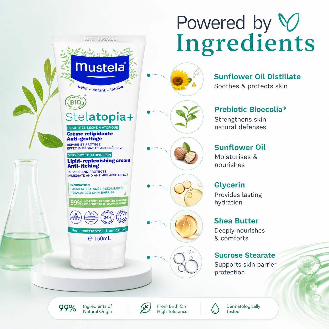 Mustela Stelatopia+ Lipid-Replenishing Cream Anti-Itching 150ml for very dry atopic skin hydration and barrier support