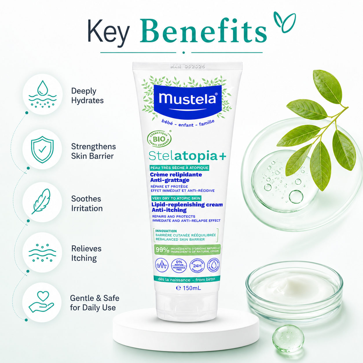 Mustela Stelatopia+ Lipid-Replenishing Cream Anti-Itching 150ml for very dry atopic skin hydration and barrier support