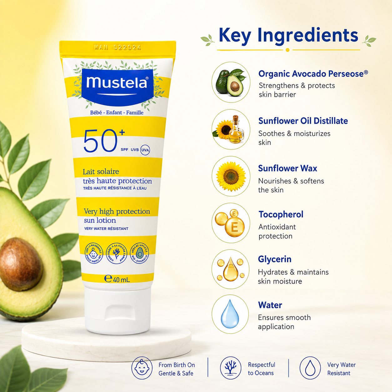 Mustela Very High Protection Sun Lotion SPF50+ 40ml baby sunscreen for sensitive skin with very water resistant UV protection.