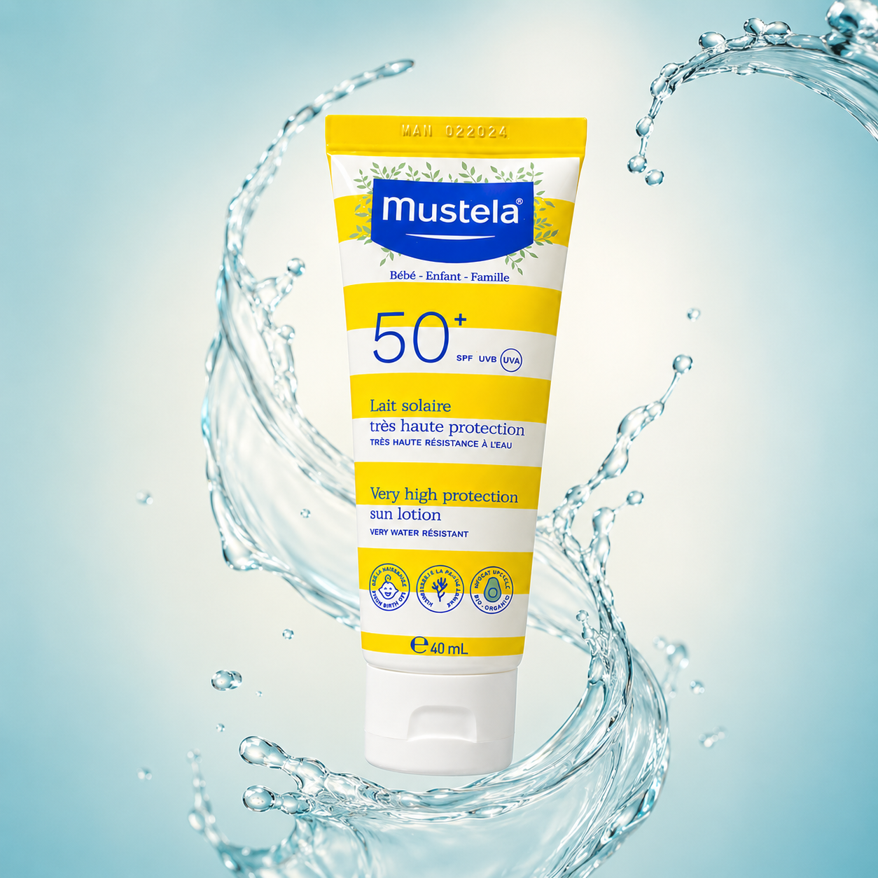 Mustela Very High Protection Sun Lotion SPF50+ 40ml baby sunscreen for sensitive skin with very water resistant UV protection.