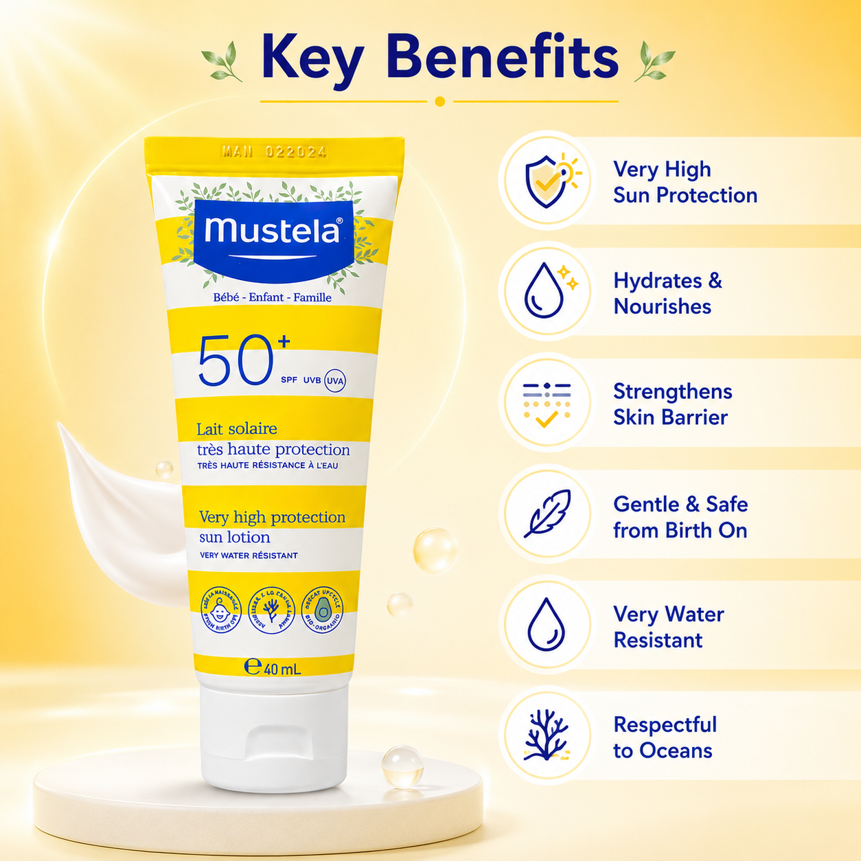 Mustela Very High Protection Sun Lotion SPF50+ 40ml baby sunscreen for sensitive skin with very water resistant UV protection.