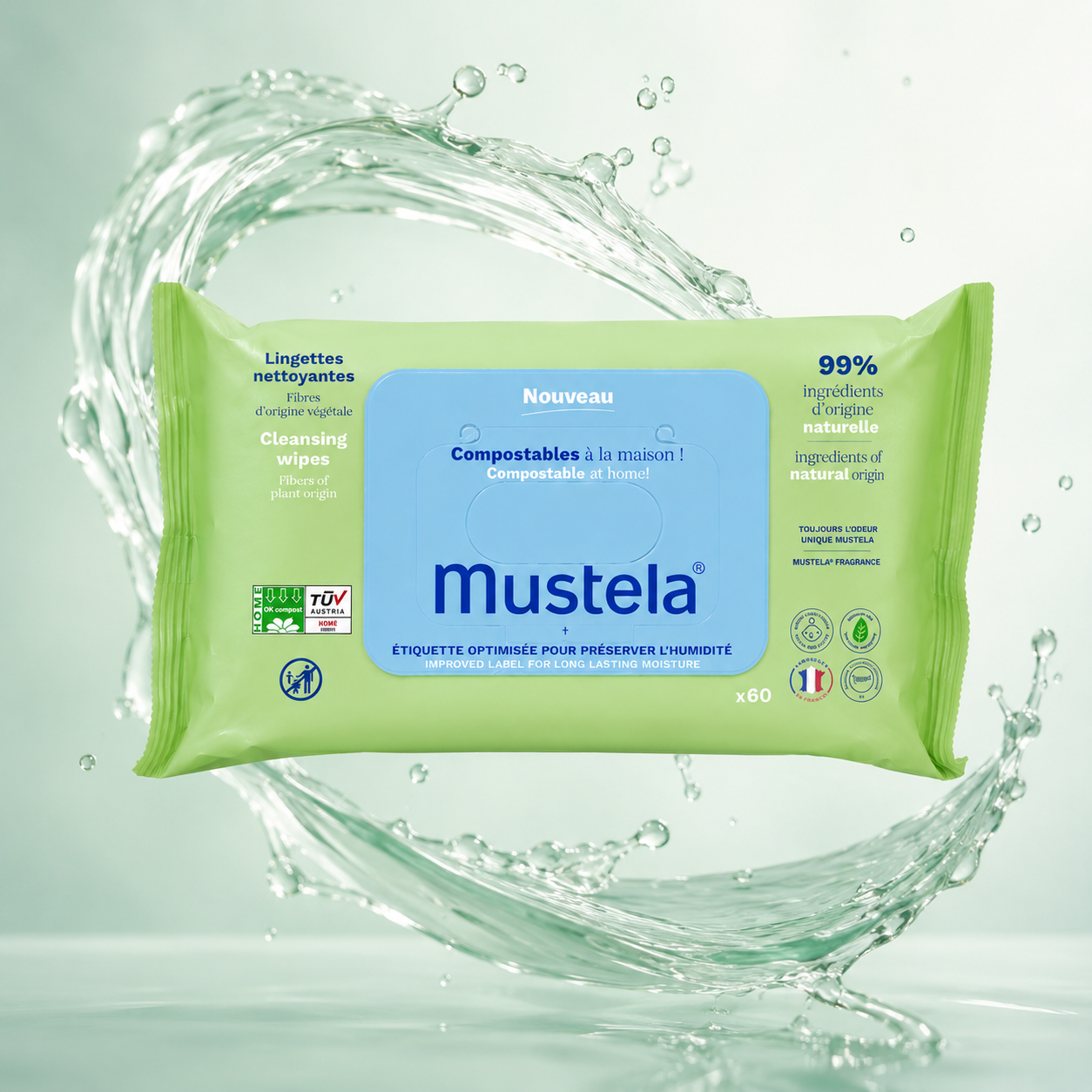 Mustela Compostable Baby Cleansing Wipes 60 Wipes for sensitive skin with plant-based fibers and gentle daily cleansing