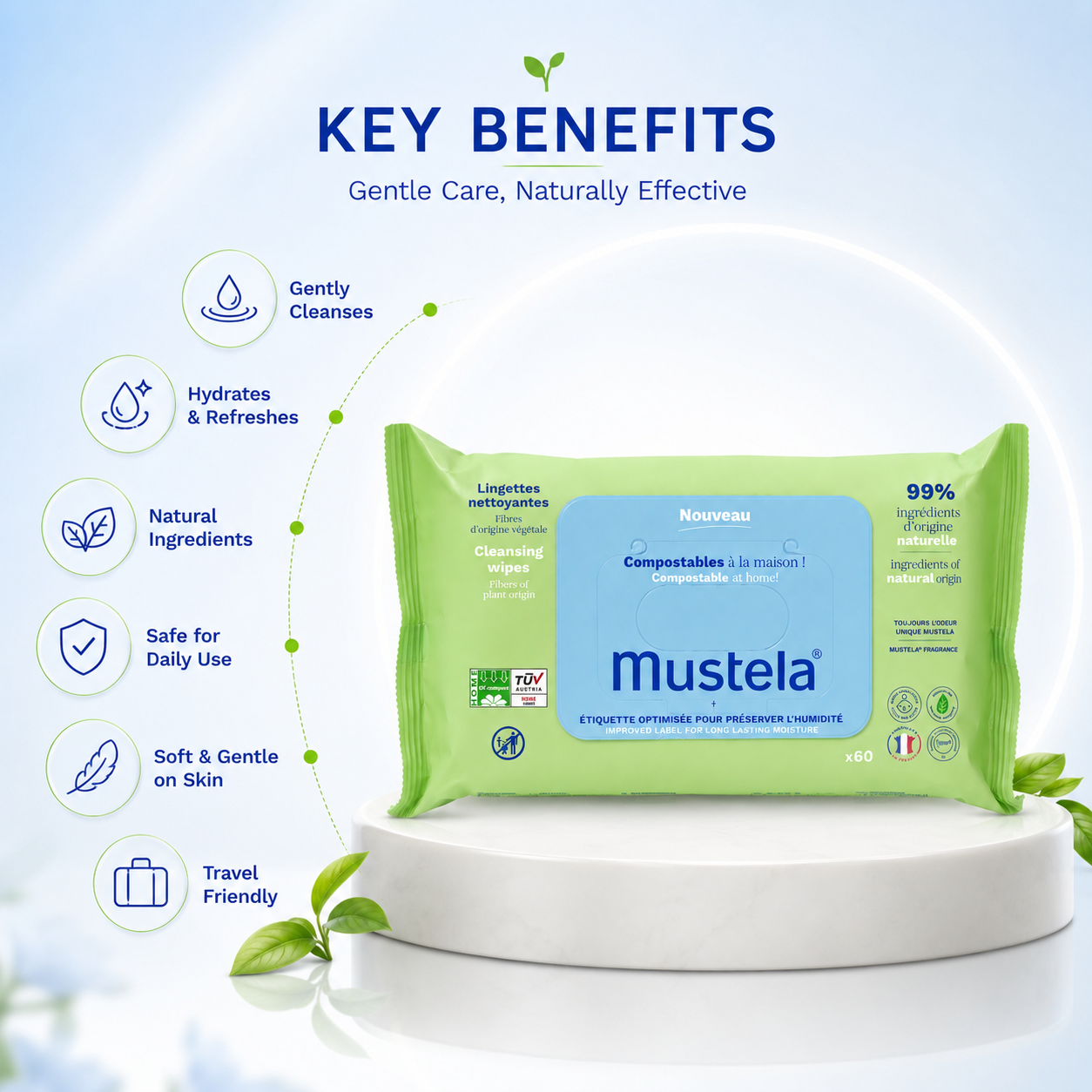 Mustela Compostable Baby Cleansing Wipes 60 Wipes for sensitive skin with plant-based fibers and gentle daily cleansing