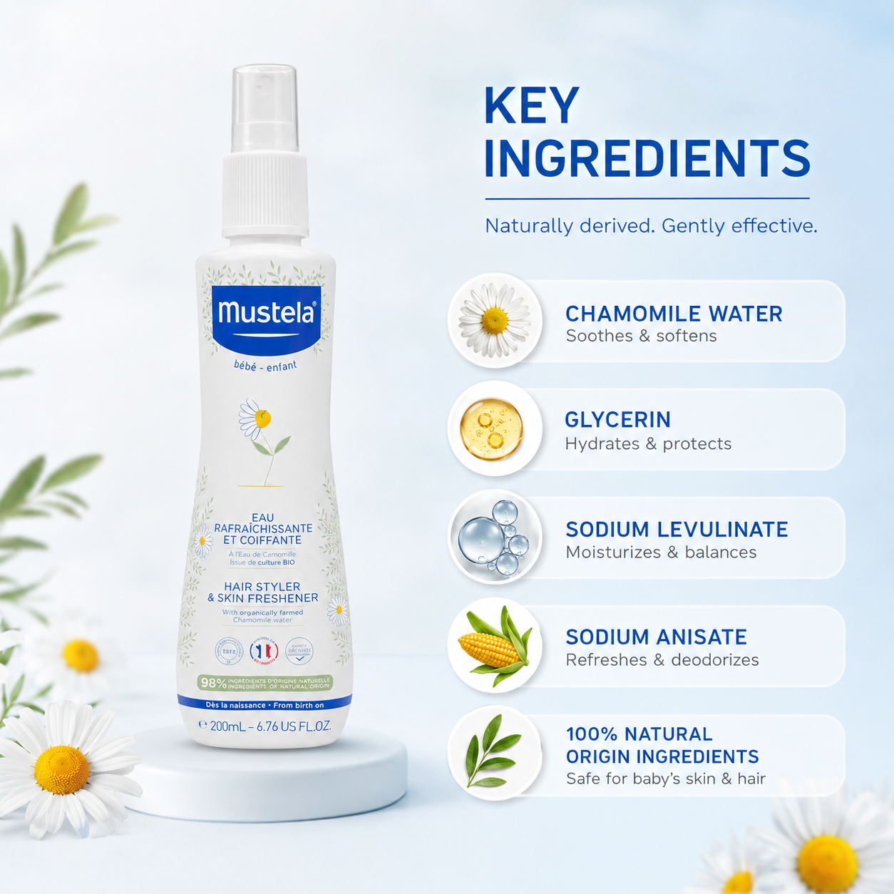 Mustela Hair Styler & Skin Freshener 200ml baby refresher spray for softening delicate skin and detangling baby hair