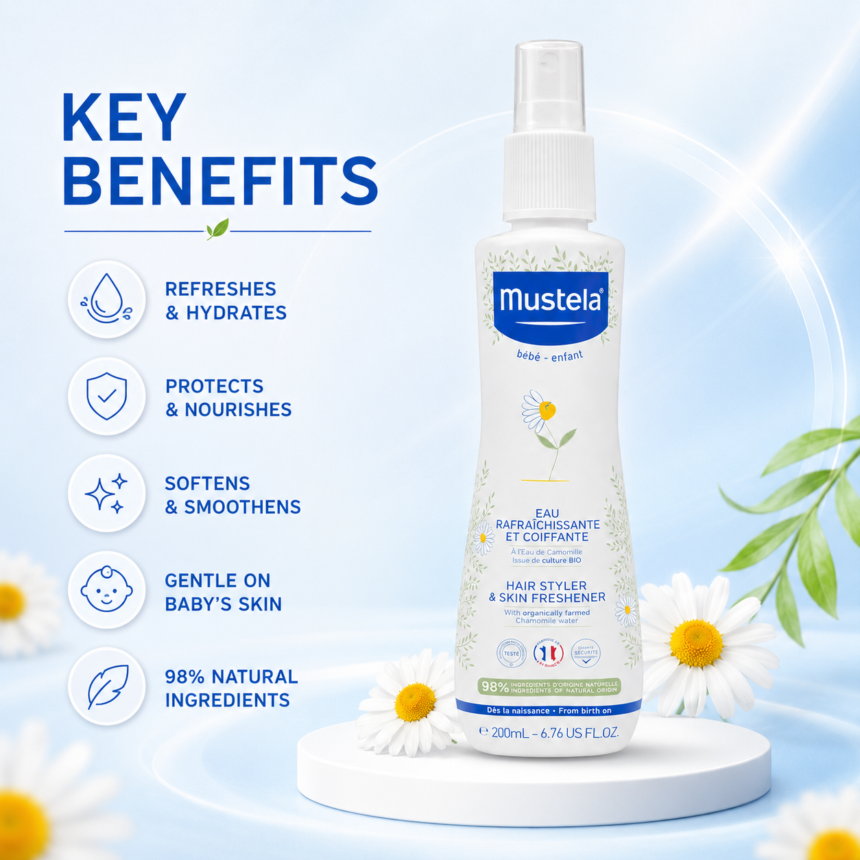 Mustela Hair Styler & Skin Freshener 200ml baby refresher spray for softening delicate skin and detangling baby hair
