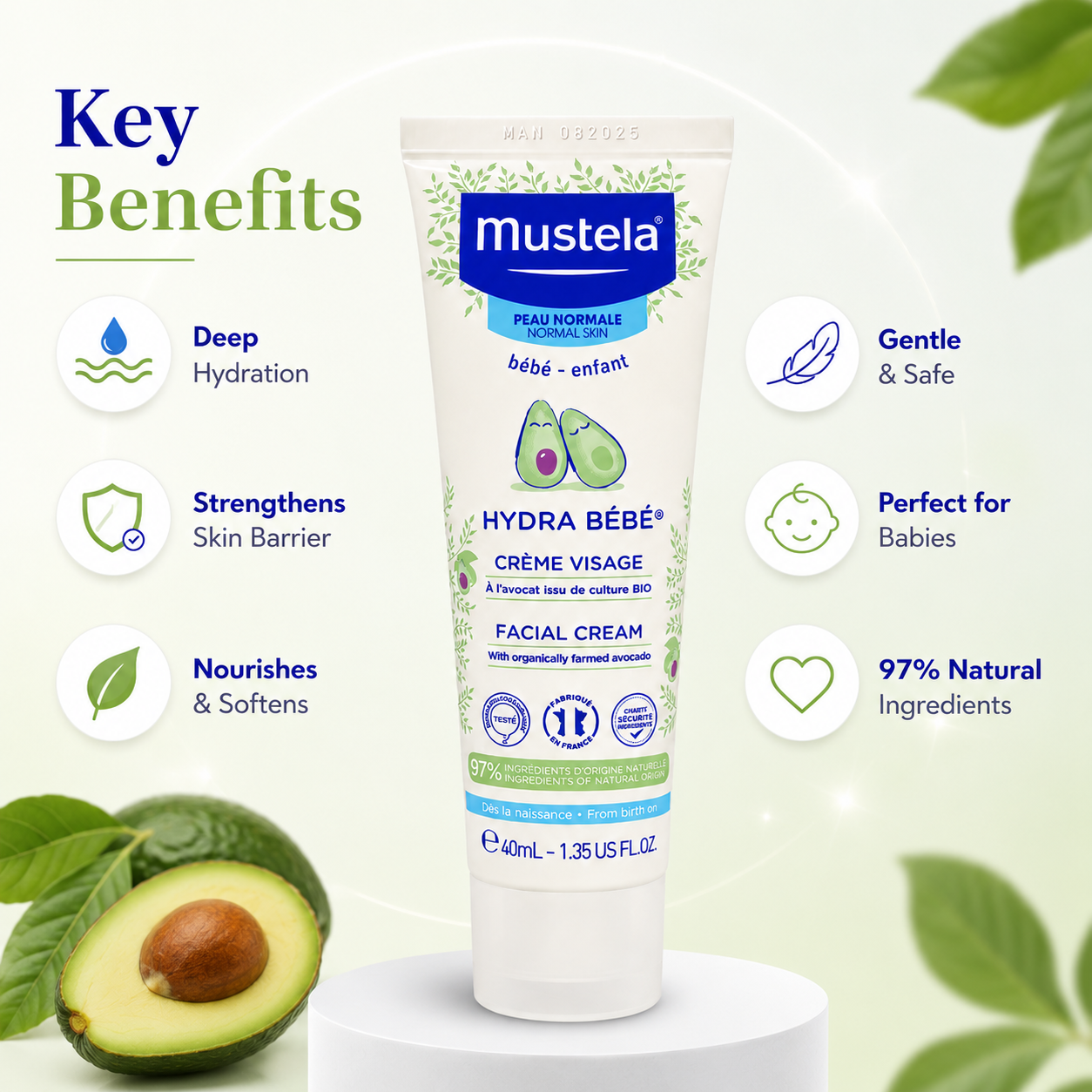Mustela Hydra Bébé Facial Cream 40ml baby facial cream for dry and flaky skin with lightweight daily hydration formula