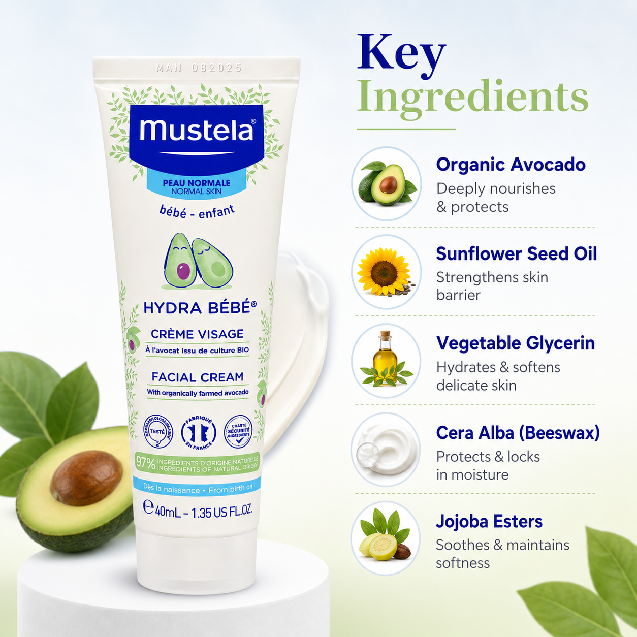 Mustela Hydra Bébé Facial Cream 40ml baby facial cream for dry and flaky skin with lightweight daily hydration formula