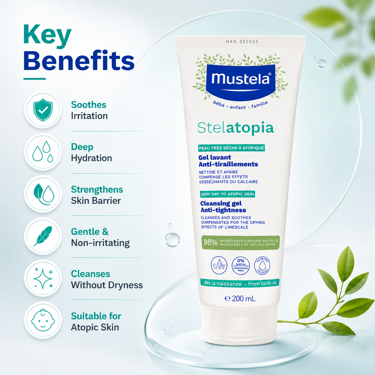 Mustela Stelatopia Cleansing Gel Anti-Tightness 200ml for very dry atopic skin with gentle fragrance-free cleansing formula