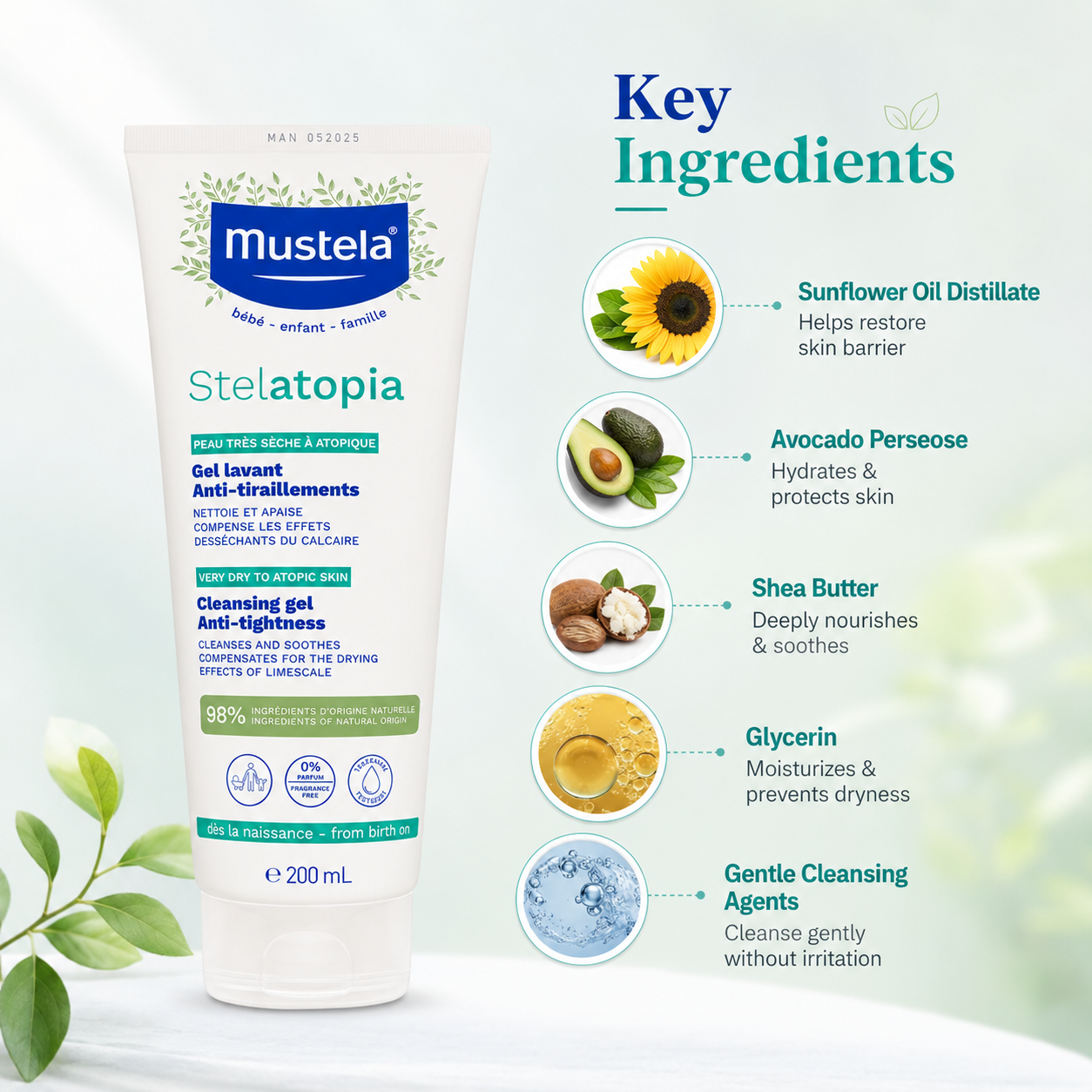 Mustela Stelatopia Cleansing Gel Anti-Tightness 200ml for very dry atopic skin with gentle fragrance-free cleansing formula