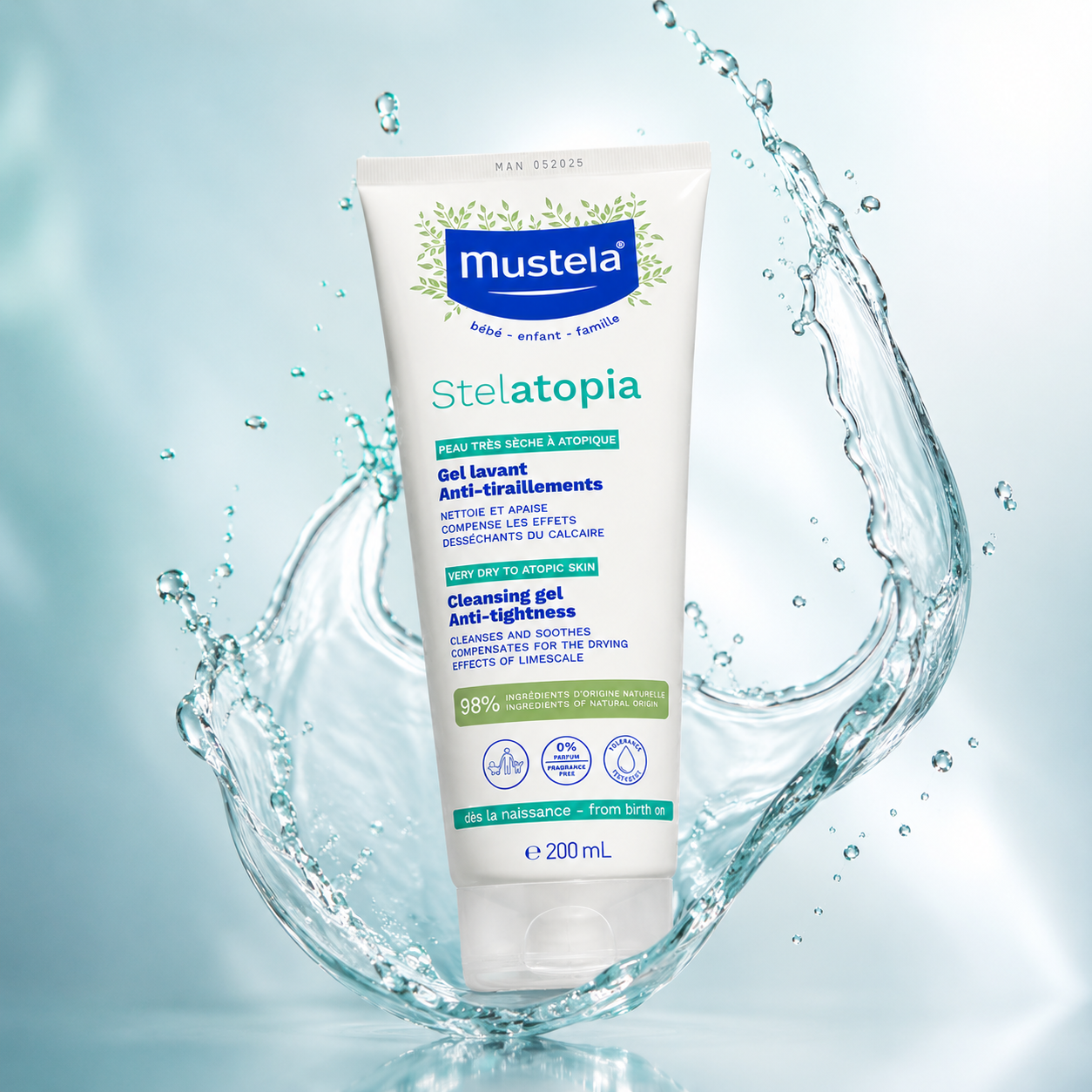 Mustela Stelatopia Cleansing Gel Anti-Tightness 200ml for very dry atopic skin with gentle fragrance-free cleansing formula