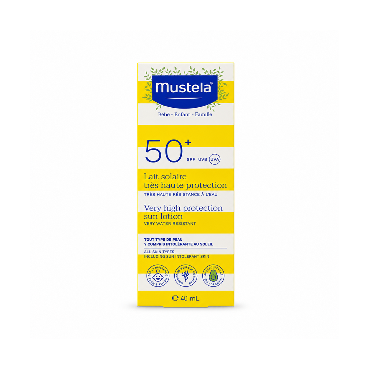 Mustela Very High Protection Sun Lotion SPF50+ 40ml baby sunscreen for sensitive skin with very water resistant UV protection.