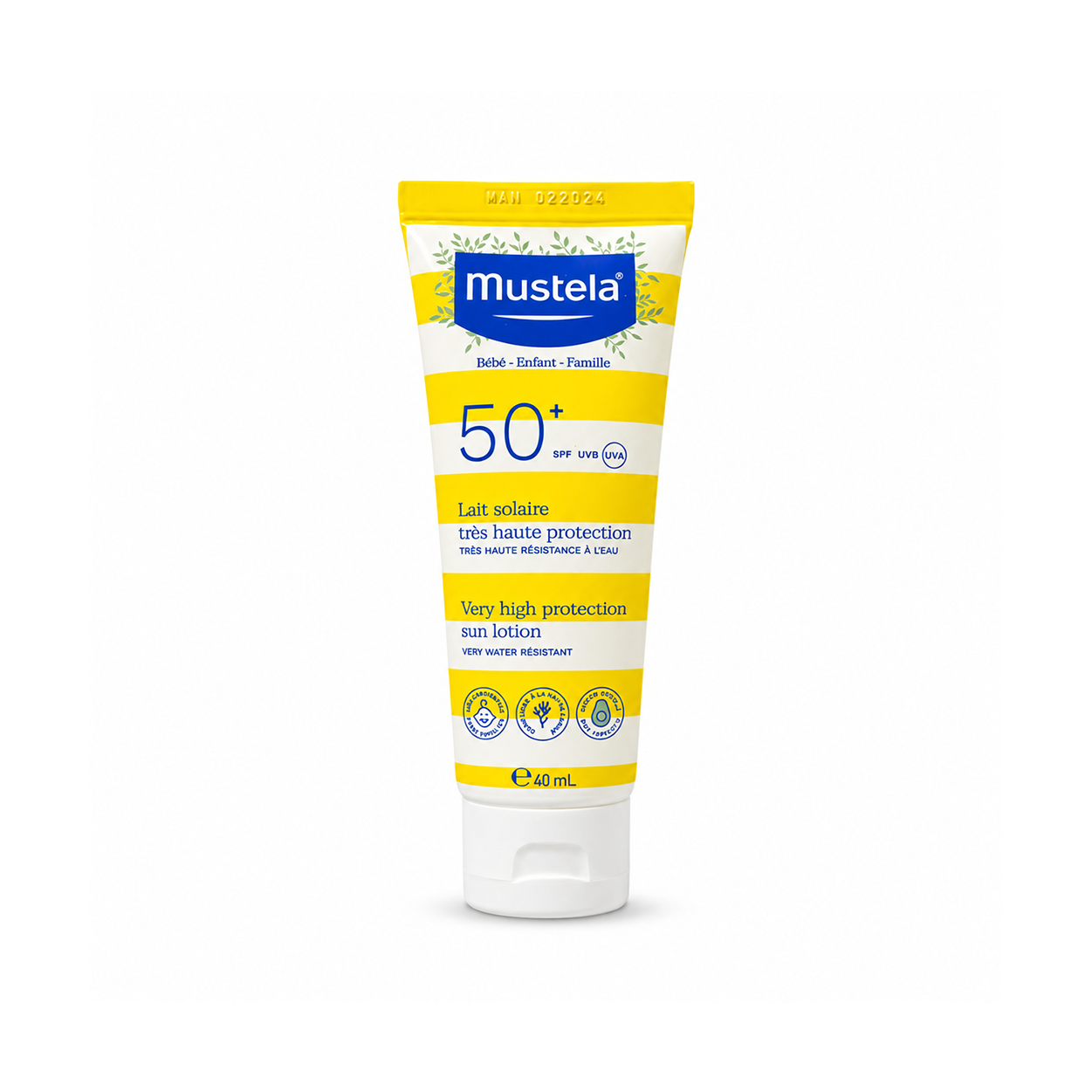 Mustela Very High Protection Sun Lotion SPF50+ 40ml baby sunscreen for sensitive skin with very water resistant UV protection.
