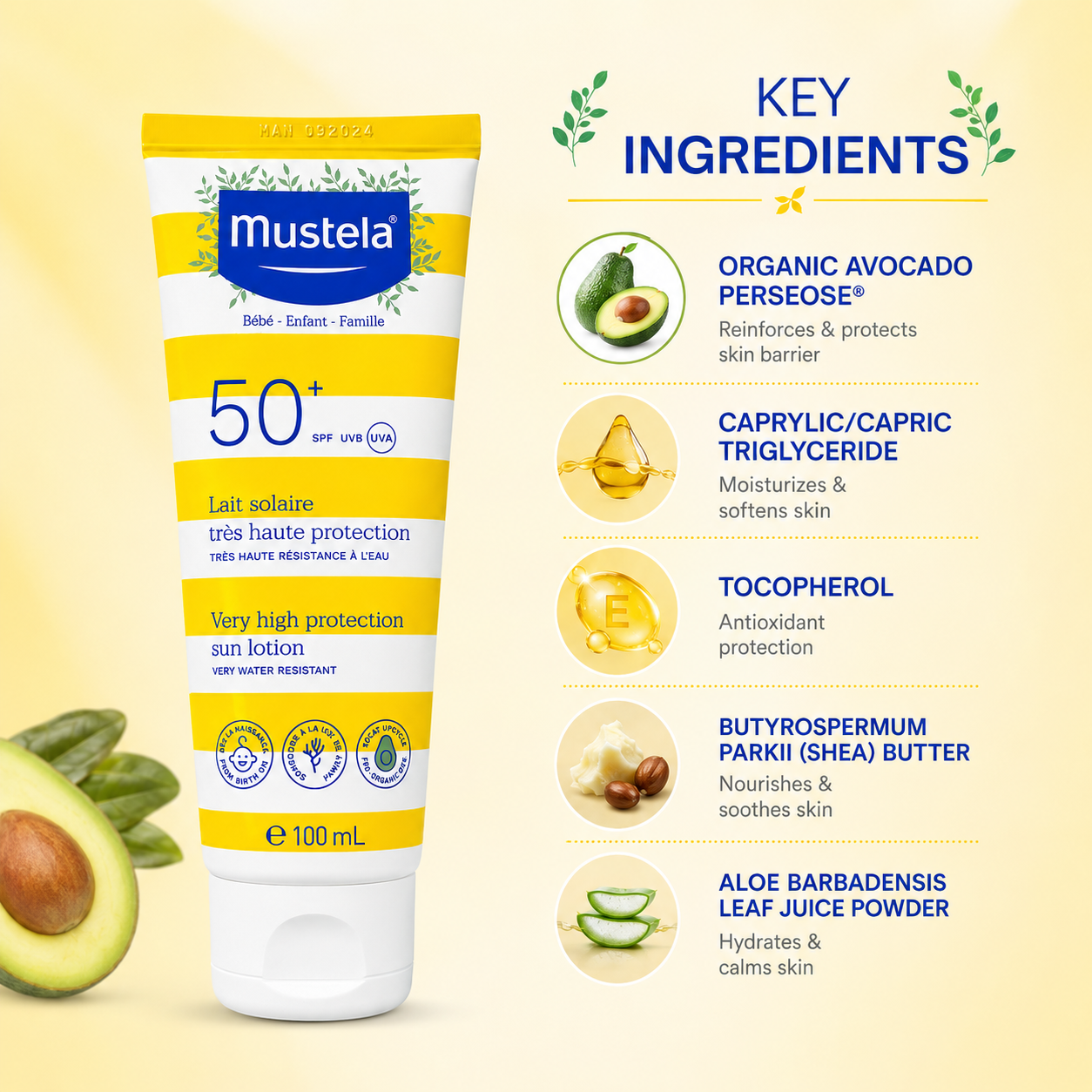 Mustela Very High Protection Sun Lotion SPF50+ 100ml baby sunscreen for sensitive skin with water-resistant UVA UVB protection