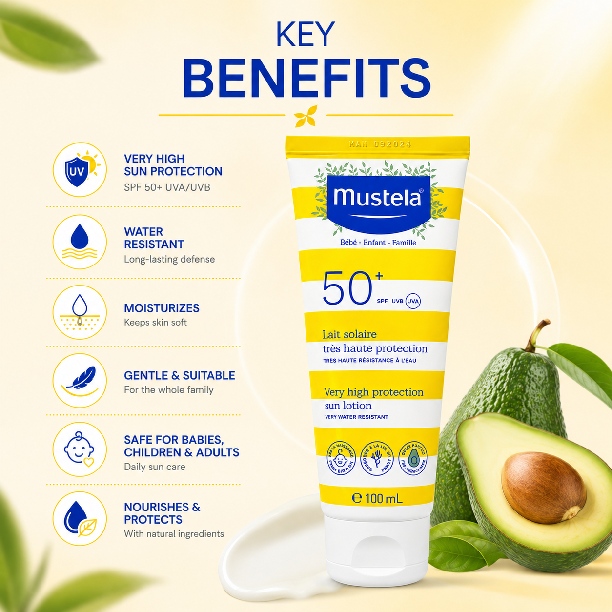 Mustela Very High Protection Sun Lotion SPF50+ 100ml baby sunscreen for sensitive skin with water-resistant UVA UVB protection