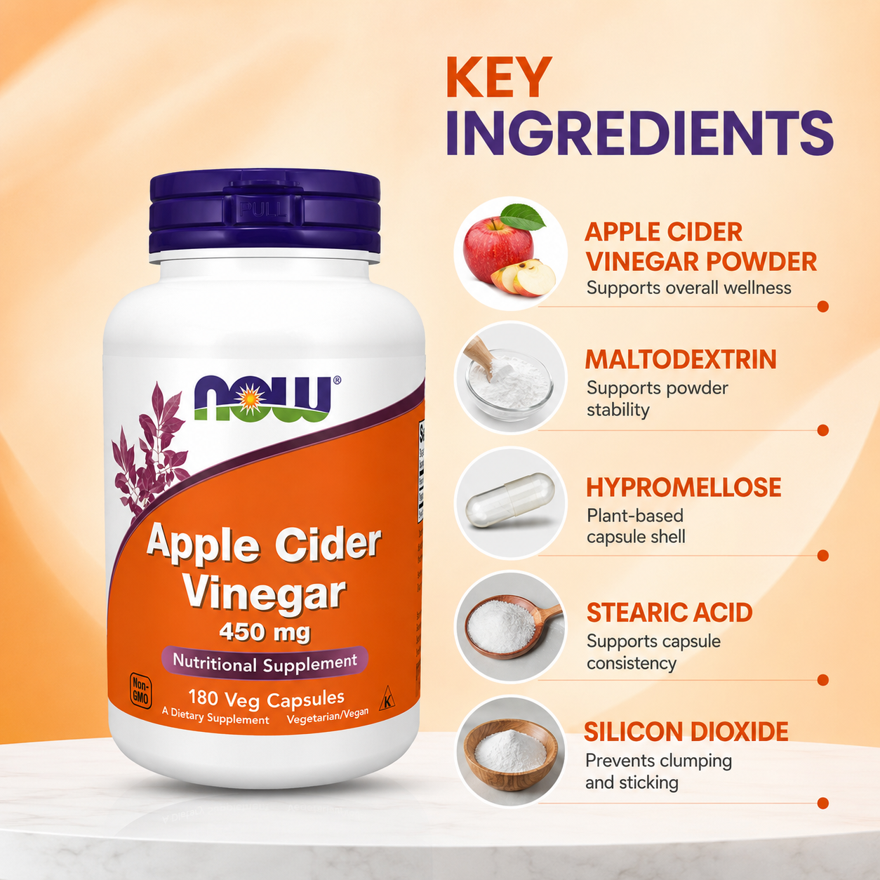NOW Apple Cider Vinegar 450 mg 180 Veg Capsules vegetarian dietary supplement supporting digestive wellness and healthy metabolism