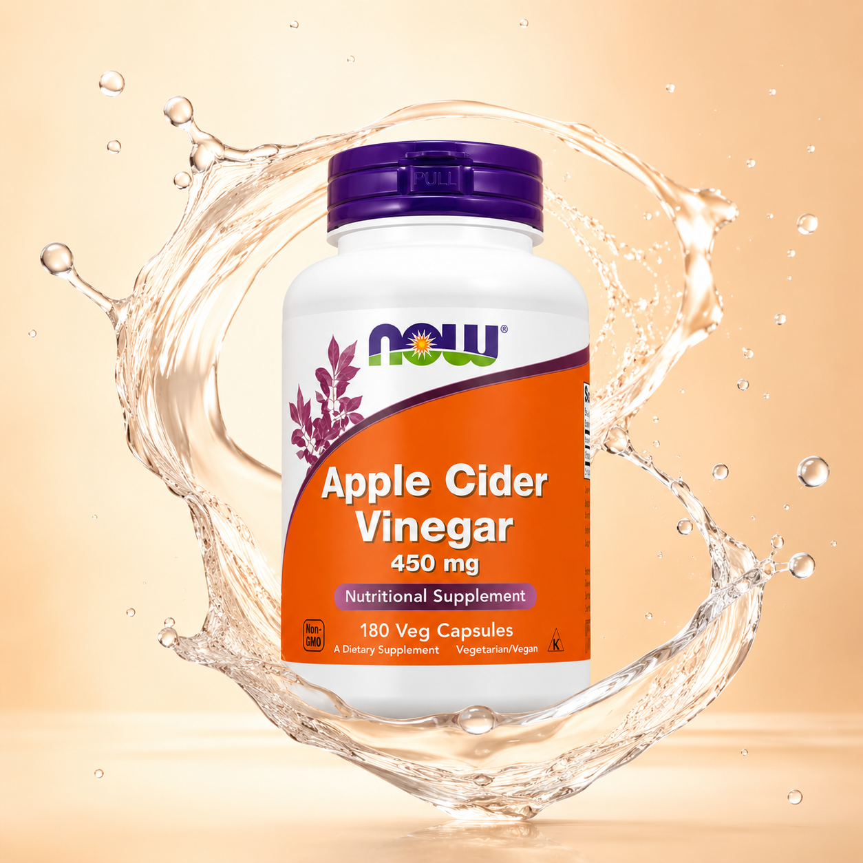 NOW Apple Cider Vinegar 450 mg 180 Veg Capsules vegetarian dietary supplement supporting digestive wellness and healthy metabolism
