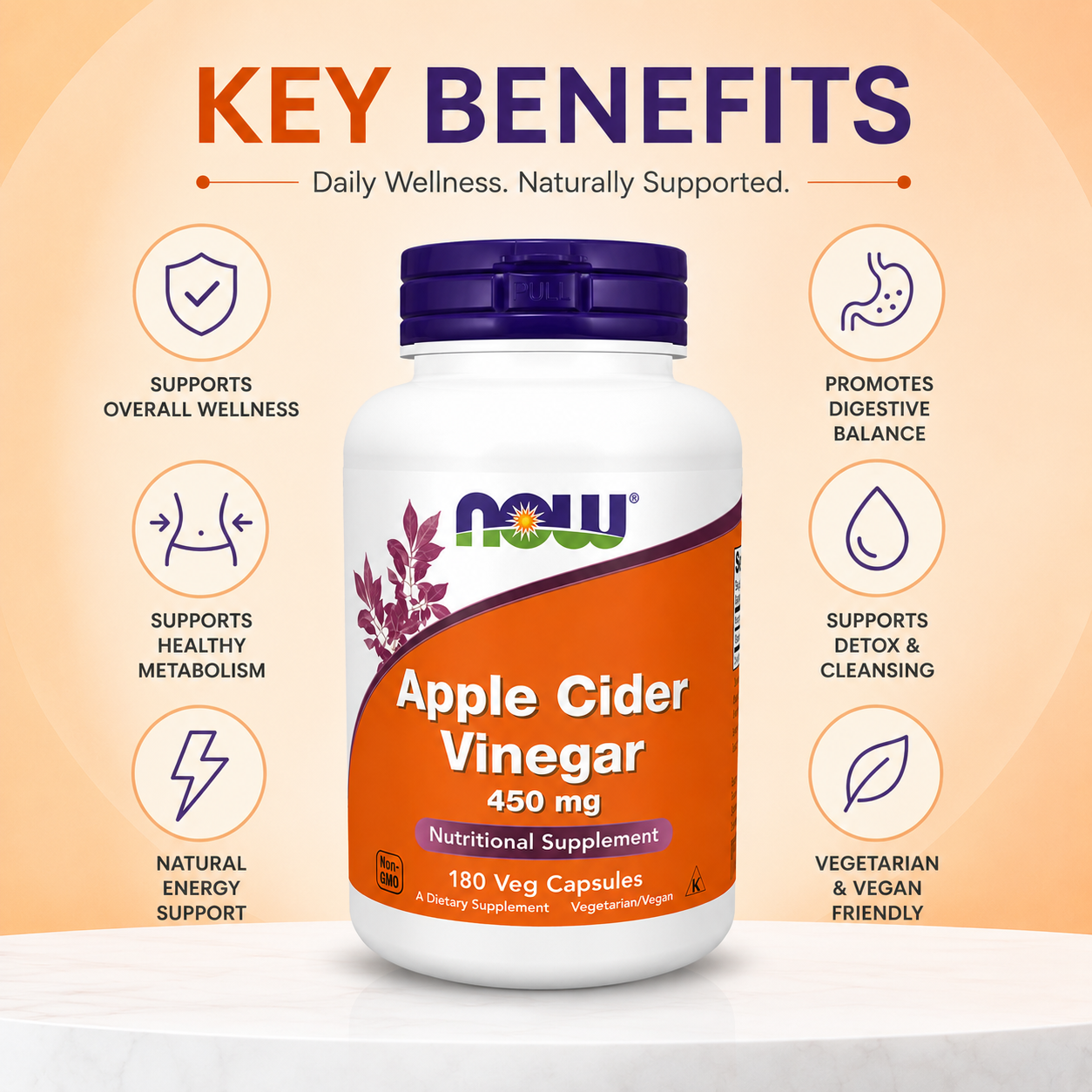 NOW Apple Cider Vinegar 450 mg 180 Veg Capsules vegetarian dietary supplement supporting digestive wellness and healthy metabolism