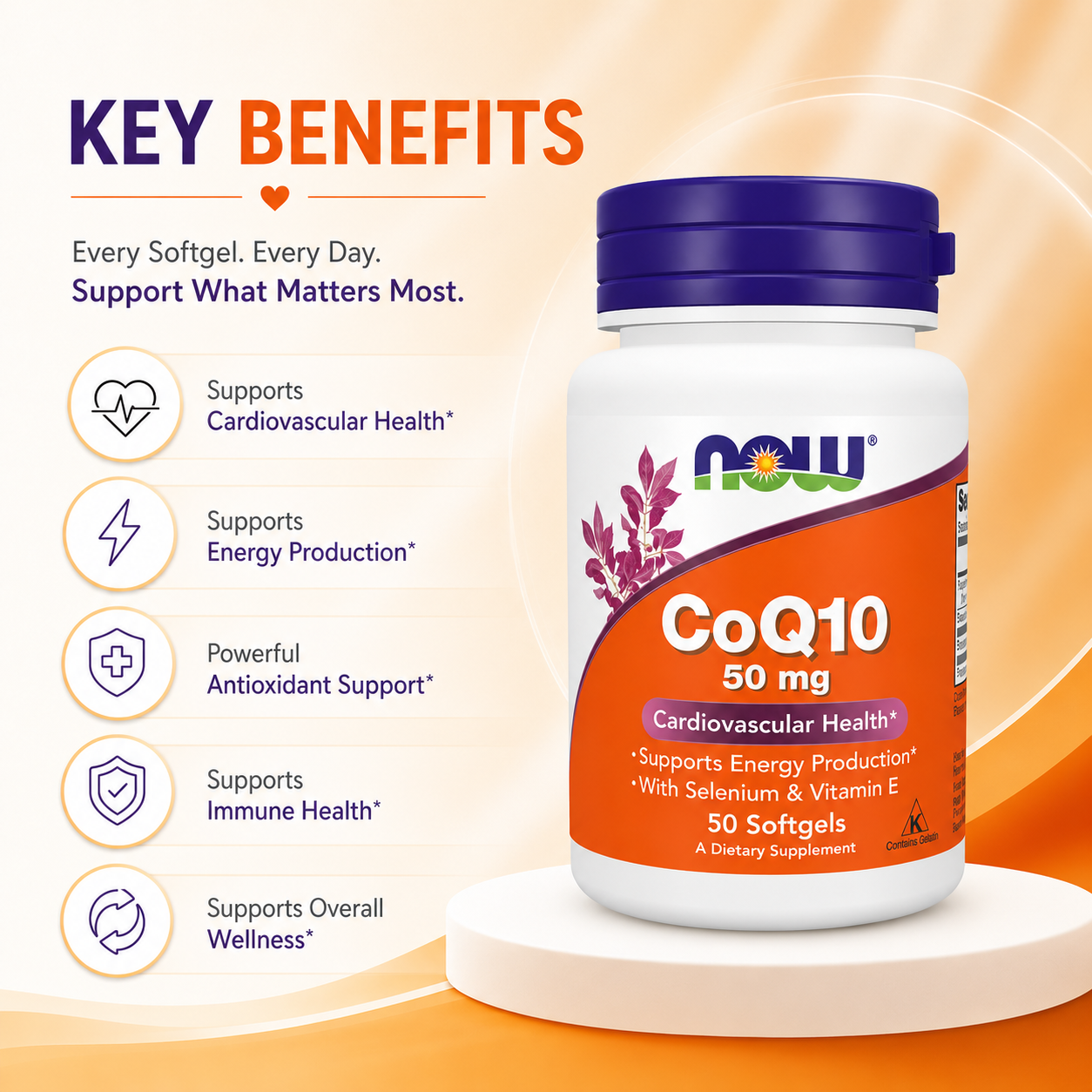 NOW CoQ10 50 mg Cardiovascular Health Dietary Supplement Softgels 50 Softgels with Selenium & Vitamin E for daily heart health support