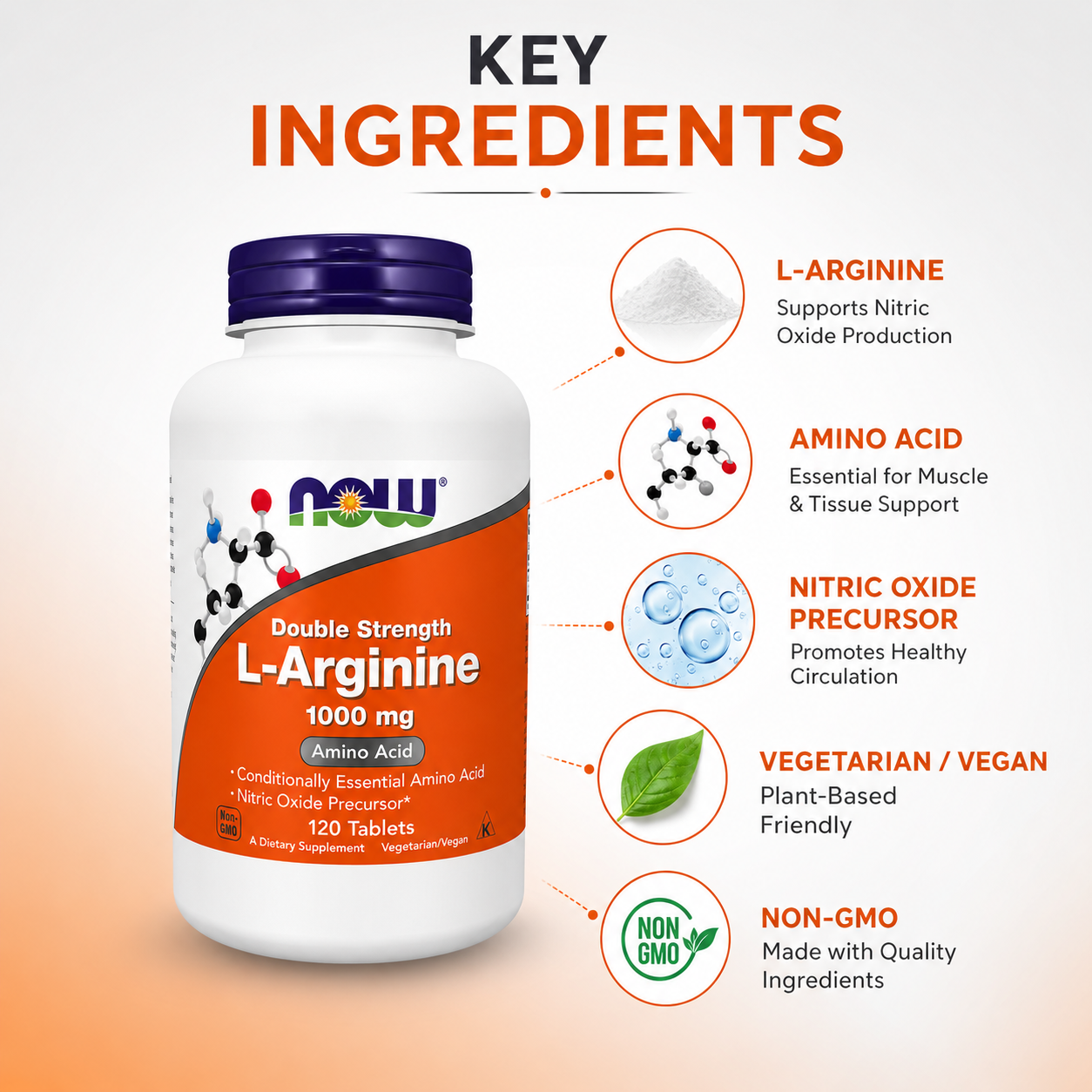 NOW Double Strength L-Arginine 1000 mg Amino Acid Dietary Supplement Tablets 120 count supporting nitric oxide production and healthy circulation.