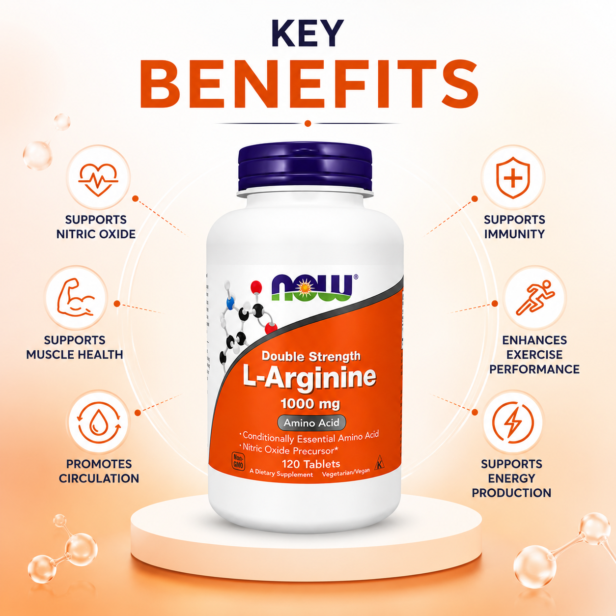 NOW Double Strength L-Arginine 1000 mg Amino Acid Dietary Supplement Tablets 120 count supporting nitric oxide production and healthy circulation.