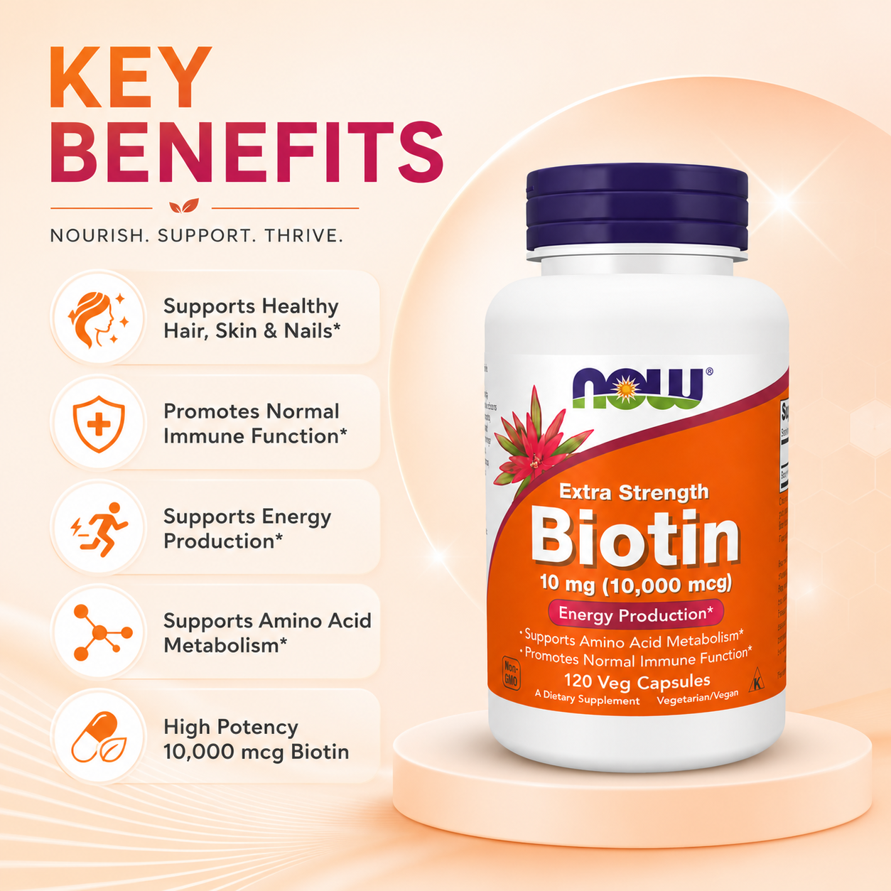 NOW Extra Strength Biotin 10 mg (10,000 mcg) 120 Veg Capsules dietary supplement bottle supporting healthy hair, skin and strong nails.