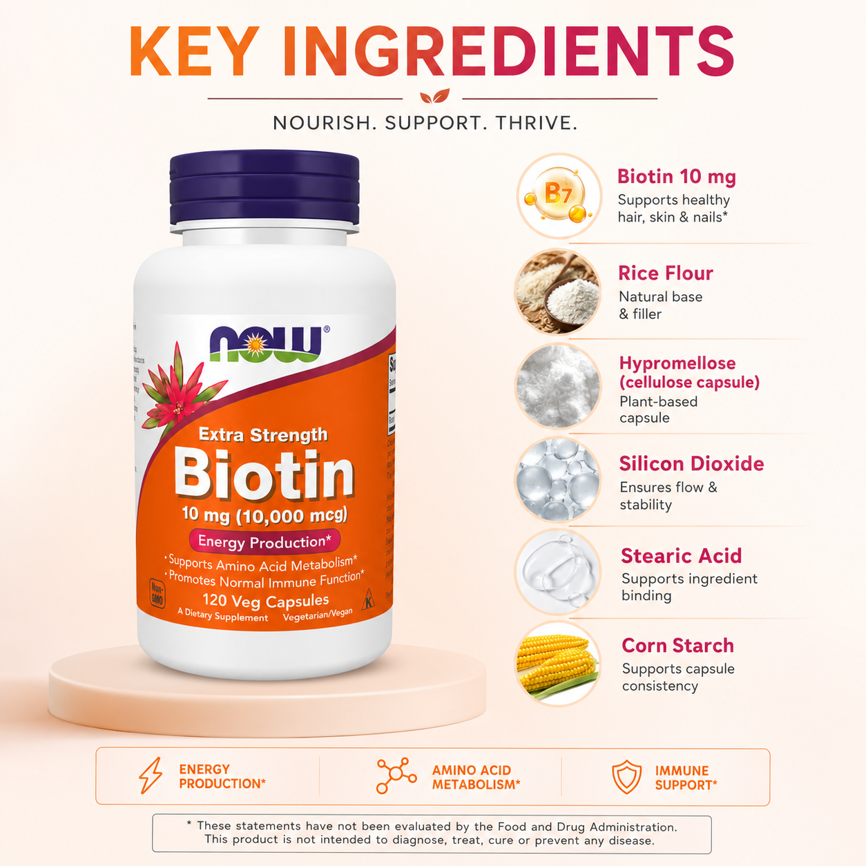 NOW Extra Strength Biotin 10 mg (10,000 mcg) 120 Veg Capsules dietary supplement bottle supporting healthy hair, skin and strong nails.