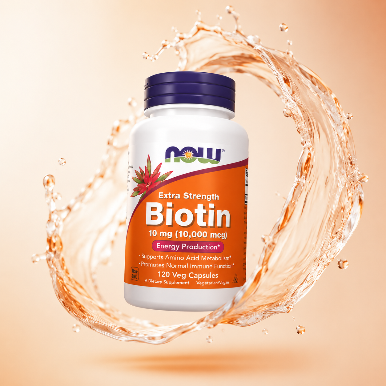 NOW Extra Strength Biotin 10 mg (10,000 mcg) 120 Veg Capsules dietary supplement bottle supporting healthy hair, skin and strong nails.