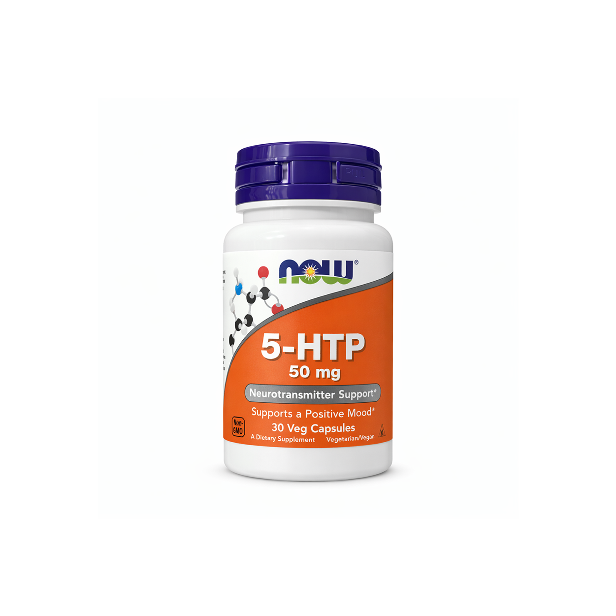 NOW Foods 5-HTP 50 mg neurotransmitter support dietary supplement bottle with 30 vegetarian capsules for mood and serotonin support
