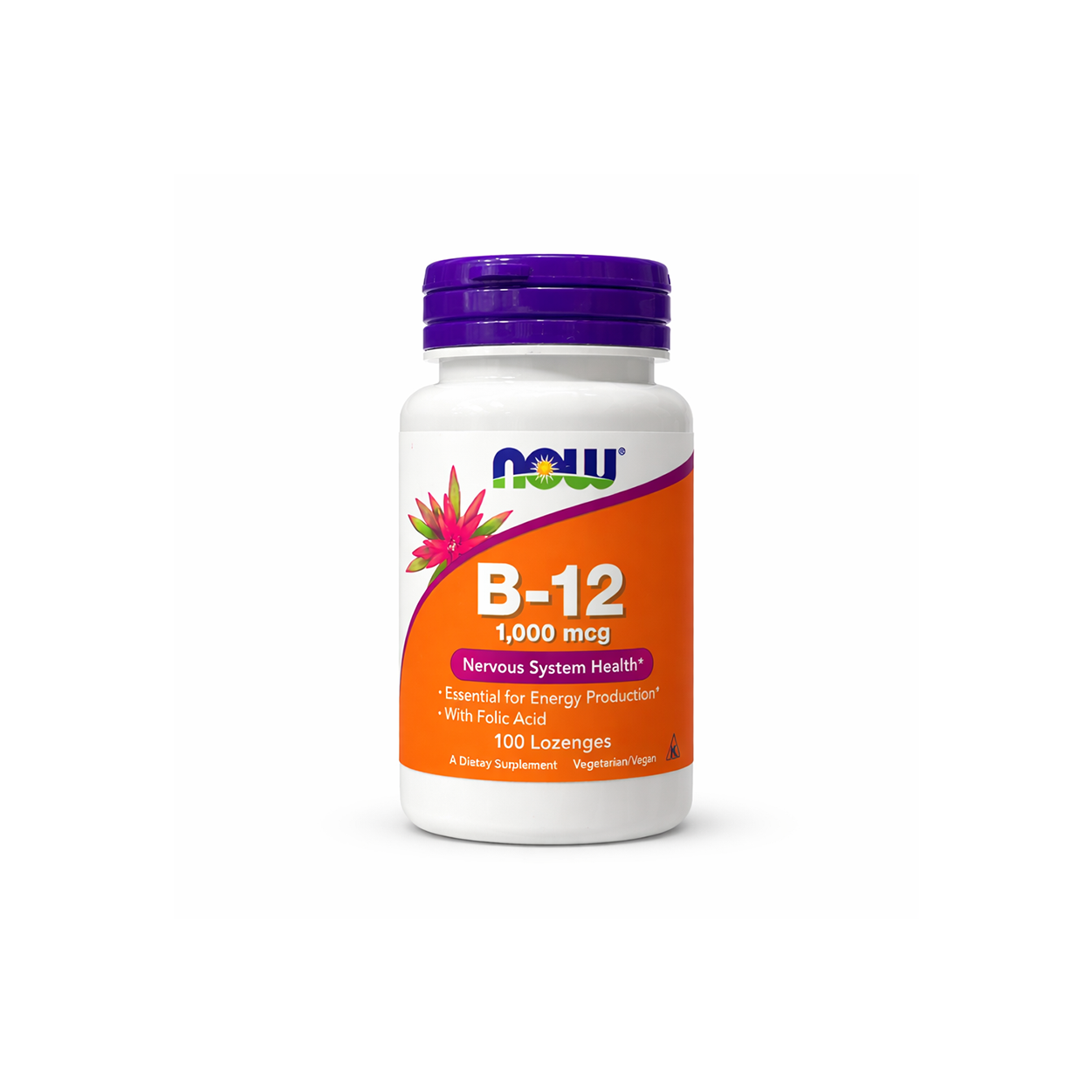 NOW Foods B-12 1000 mcg lozenges vitamin B12 supplement bottle with folic acid for energy and nervous system support 100 lozenges