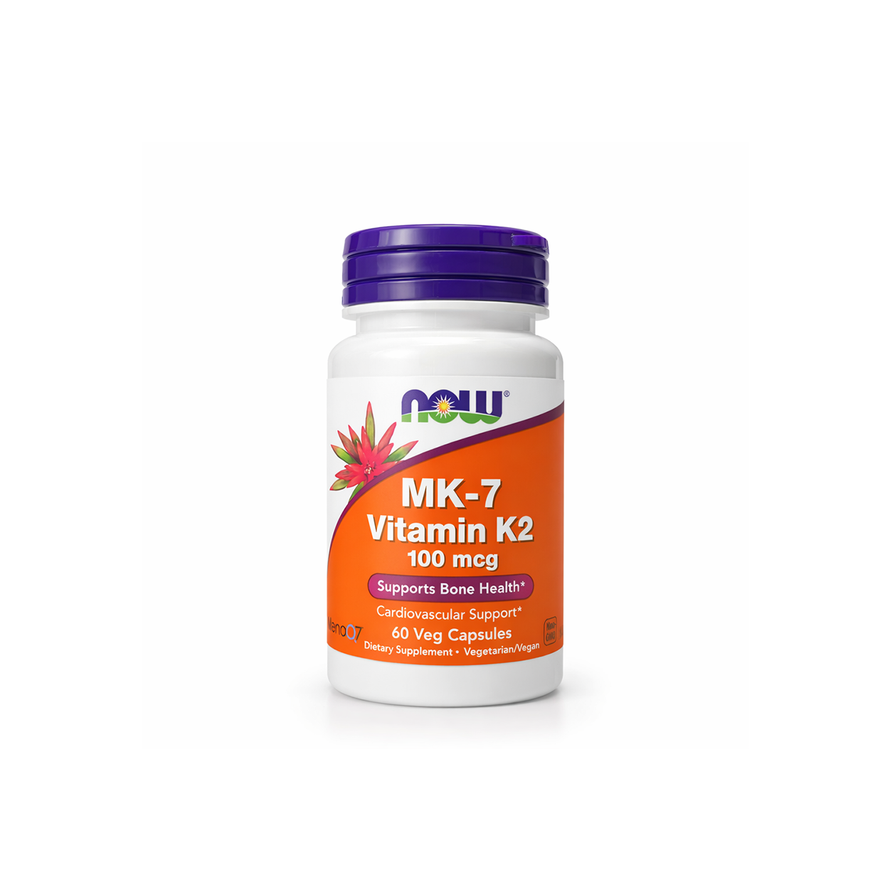 NOW Foods MK-7 Vitamin K2 100 mcg 60 veg capsules dietary supplement bottle supporting bone and cardiovascular health
