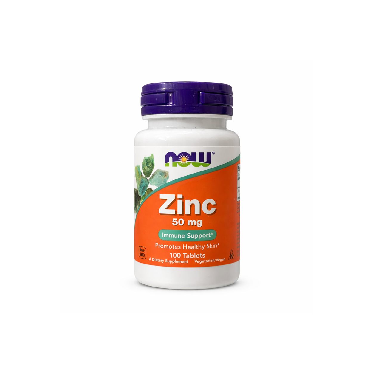 NOW Foods Zinc 50 mg tablets dietary supplement bottle for immune support and healthy skin, 100 tablets packaging shown on label