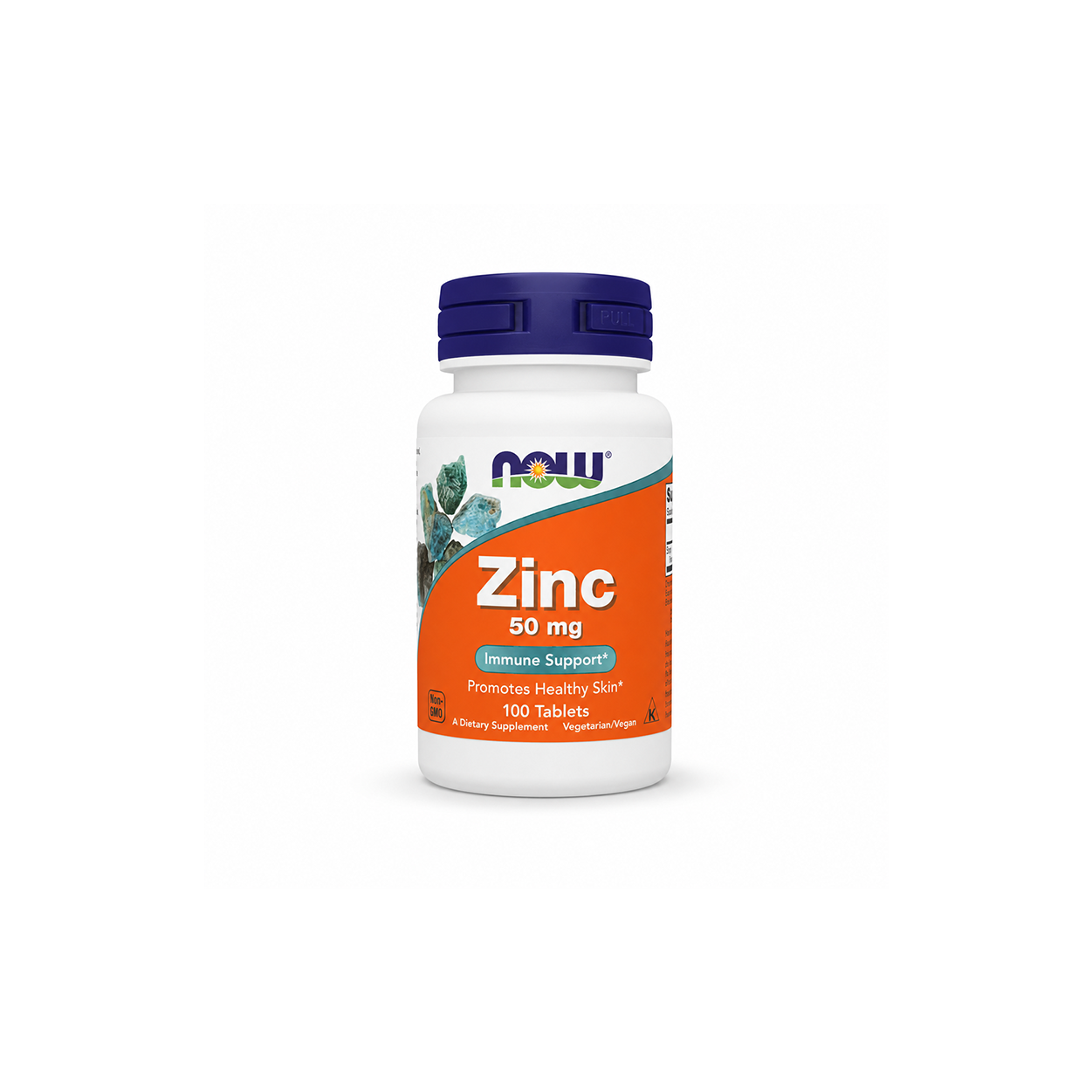 NOW Foods Zinc 50 mg tablets dietary supplement bottle for immune support and healthy skin, 100 tablets packaging shown on label